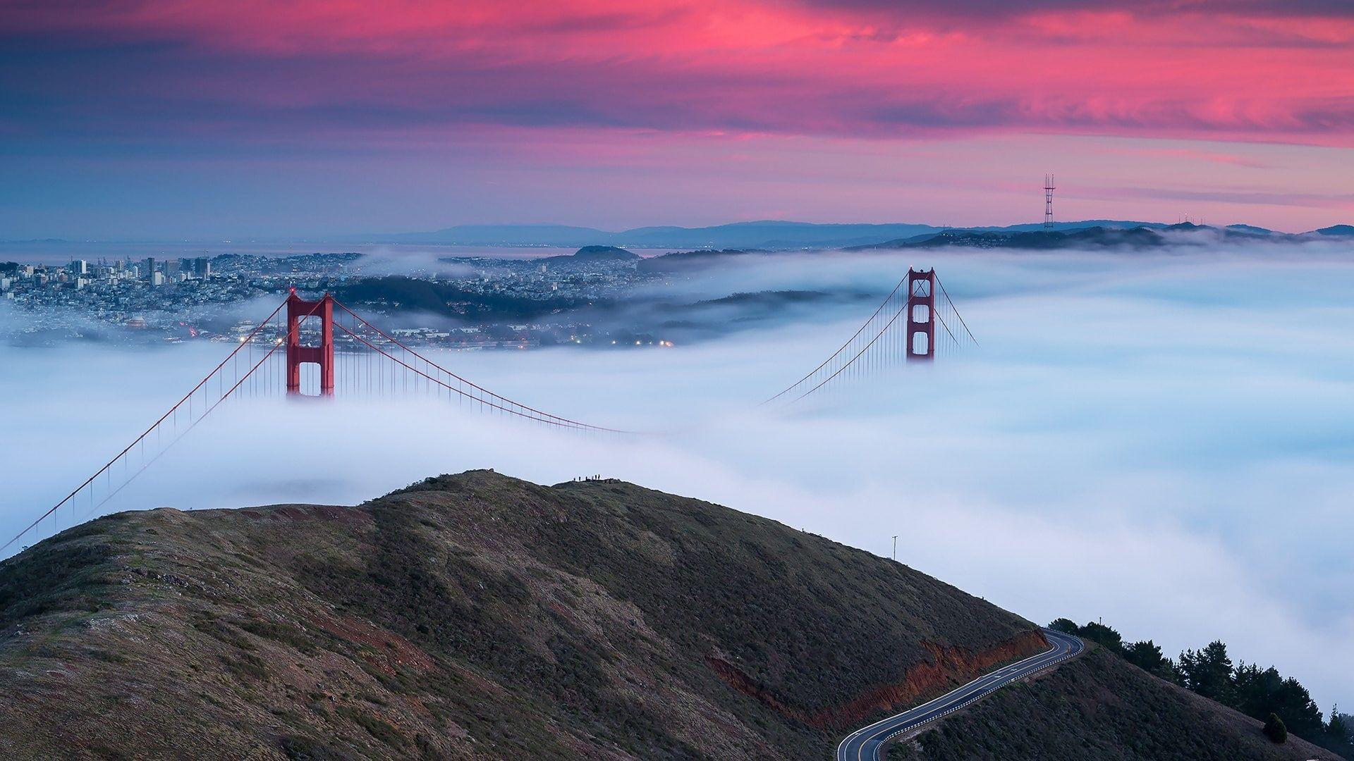 1920x1080 Cloud, pink sky, golden gate bridge, foggy, fog, united states