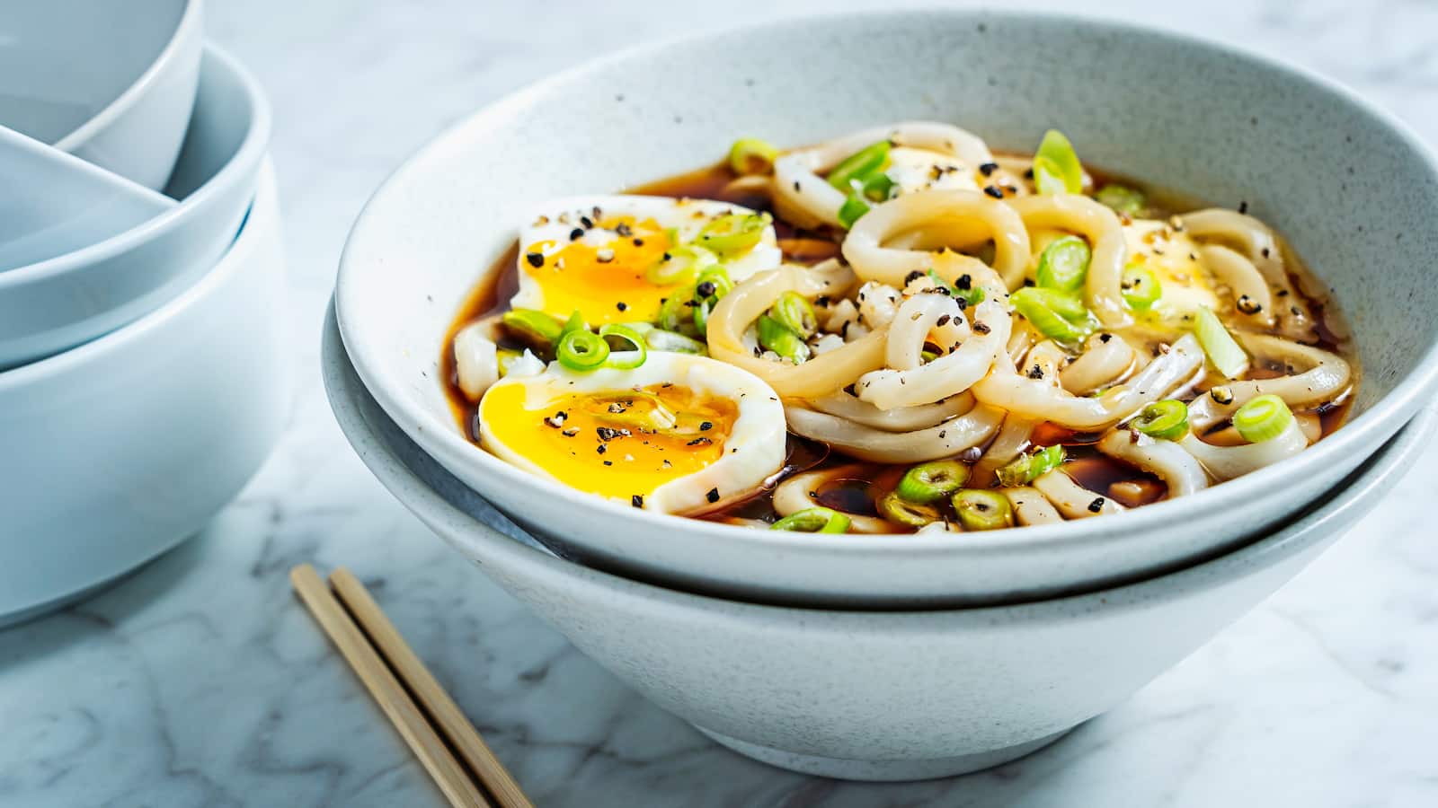 1600x900 Udon Noodles With Soft Boiled Egg, Soy And Black Pepper