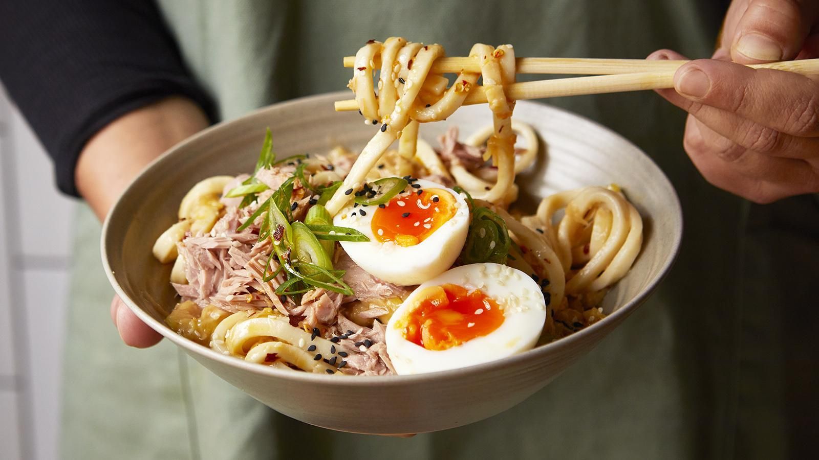 1600x900 Miso butter udon noodles with tuna and leek