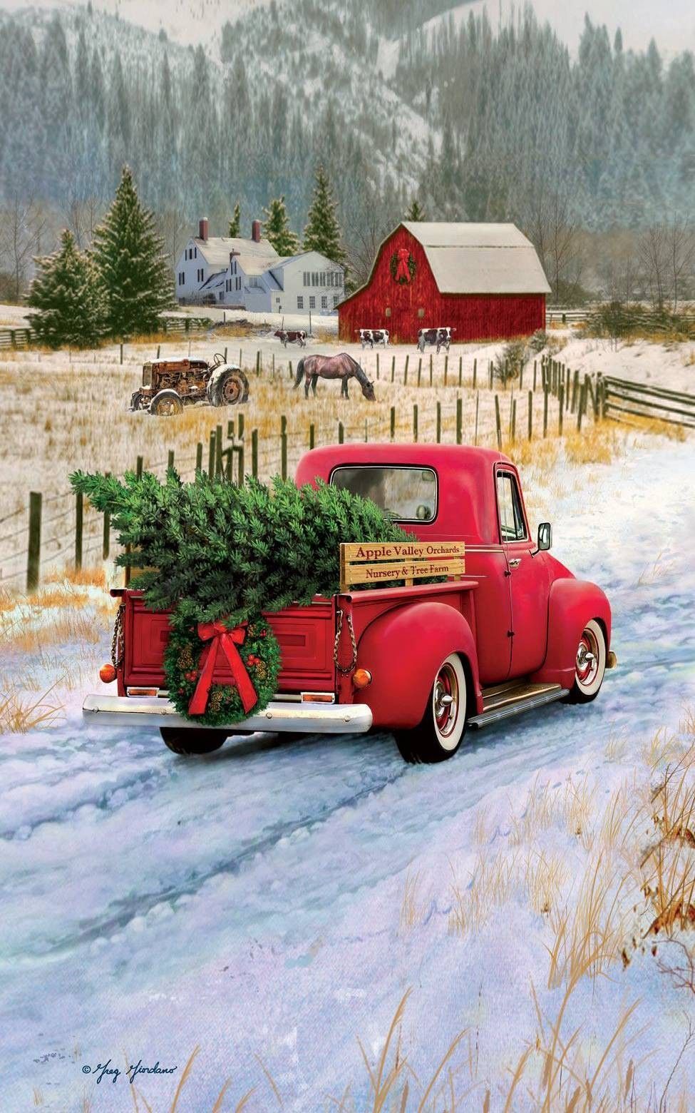 975x1560 wallpaper. Christmas red truck, Christmas picture, Christmas paintings