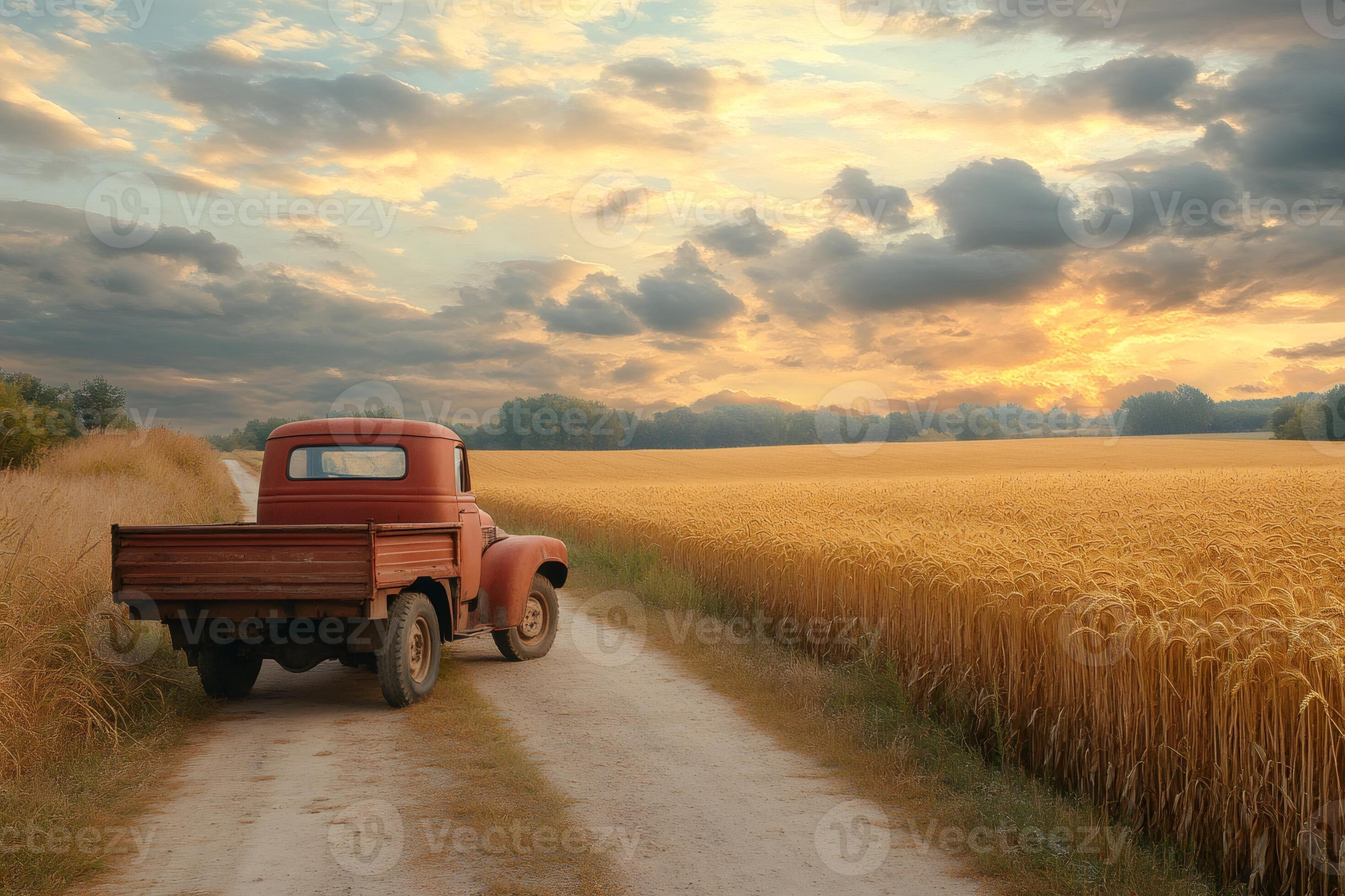 2940x1960 Vintage red pickup truck parked on dirt road by golden wheat field at sunset