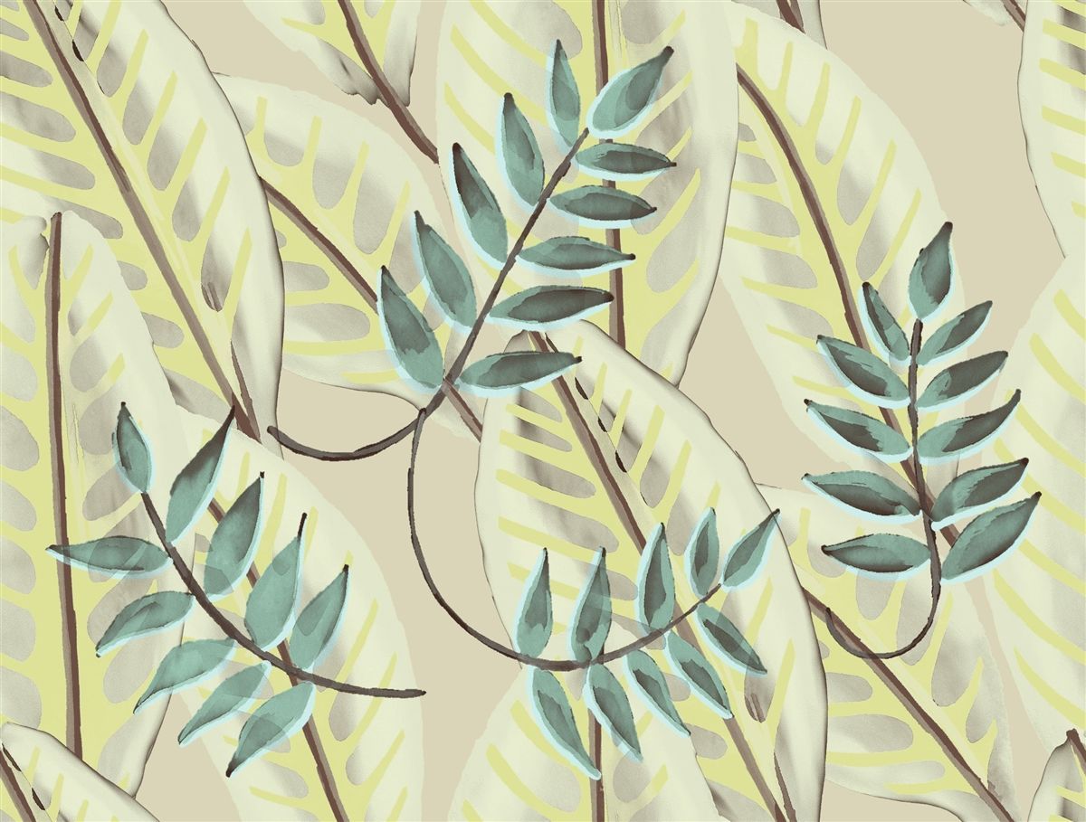 1200x909 Elitis Alocasia TP 302 04. Yellow & blue multicolor retro leaflet non woven wall covering. Buy Elitis Wallpaper Online with Free Shipping!