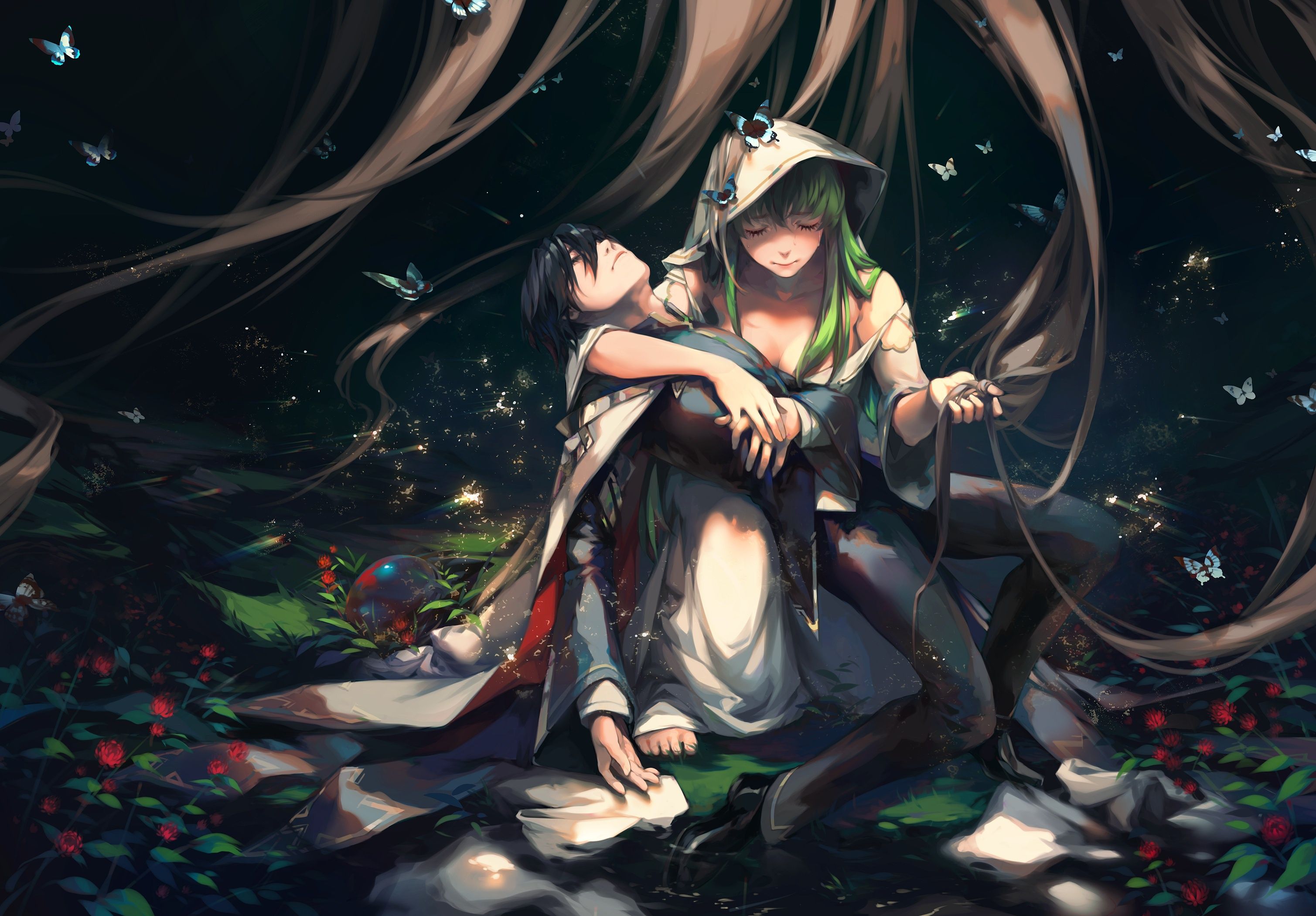 3018x2100 Wallpaper girl, flowers, guy, two, Code Geass, code geass, lelouch lamperouge, C.C. for mobile and desktop, section сёнэн, resolution 3018x2100
