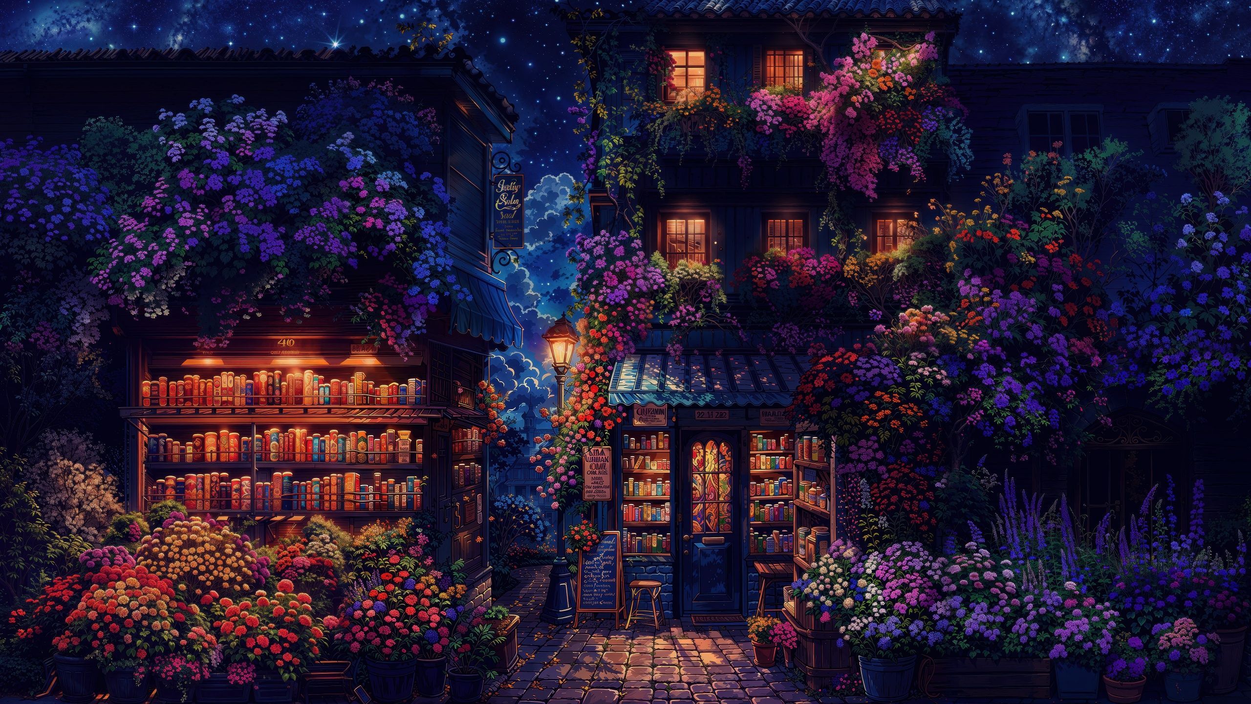 2560x1440 Cozy Night Book Shop 5K Wallpaper