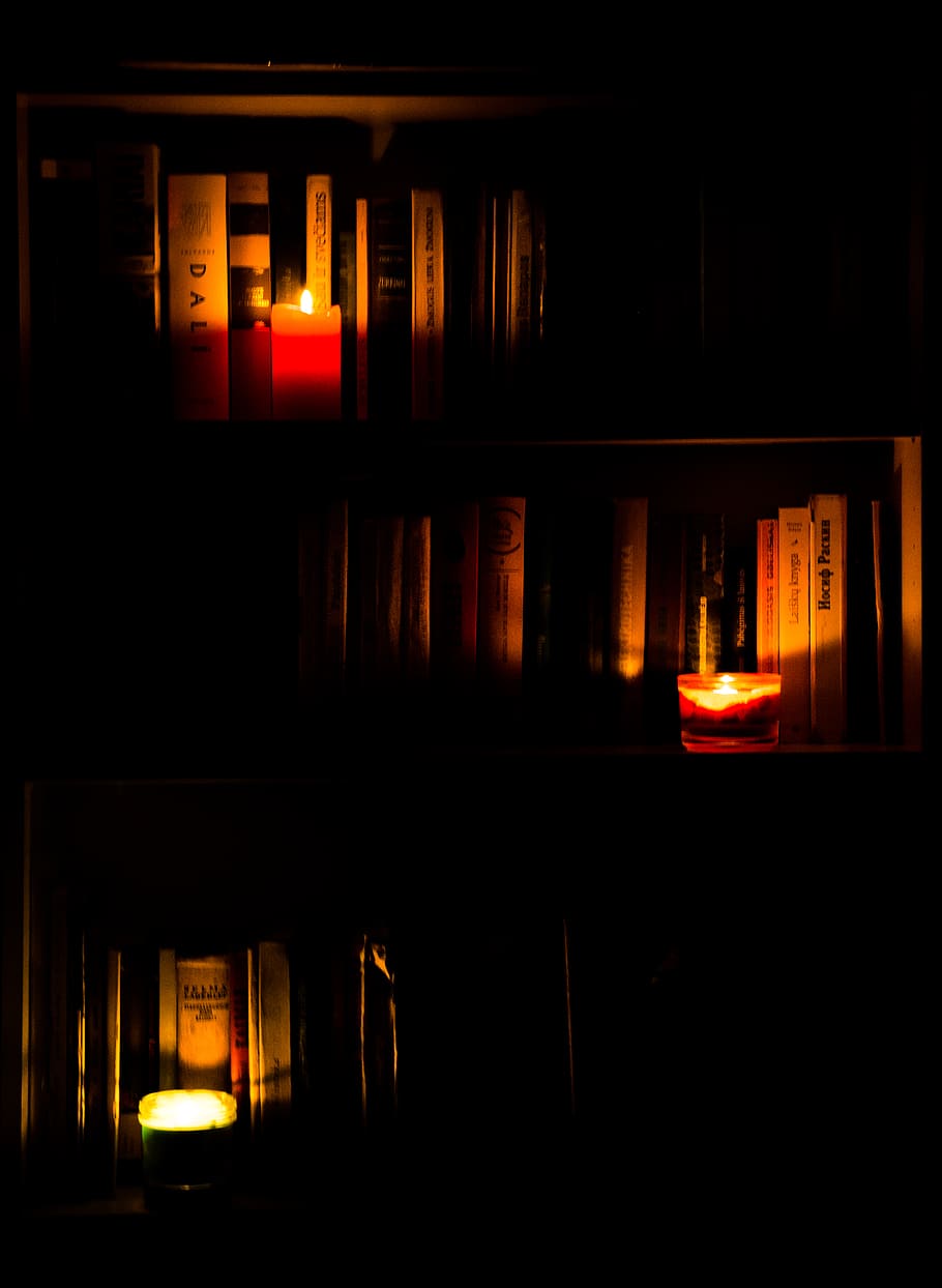 910x1244 HD wallpaper: candles, lights, fire, books, bookcase, warm, cozy, dark, night