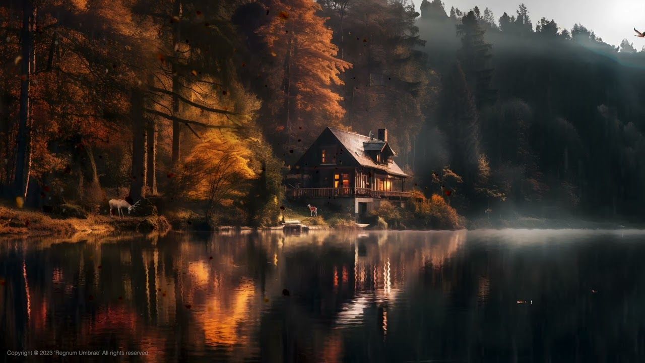 1280x720 Cozy Autumn Lake House. Dark Academia Desktop and Phone Digital Wallpaper