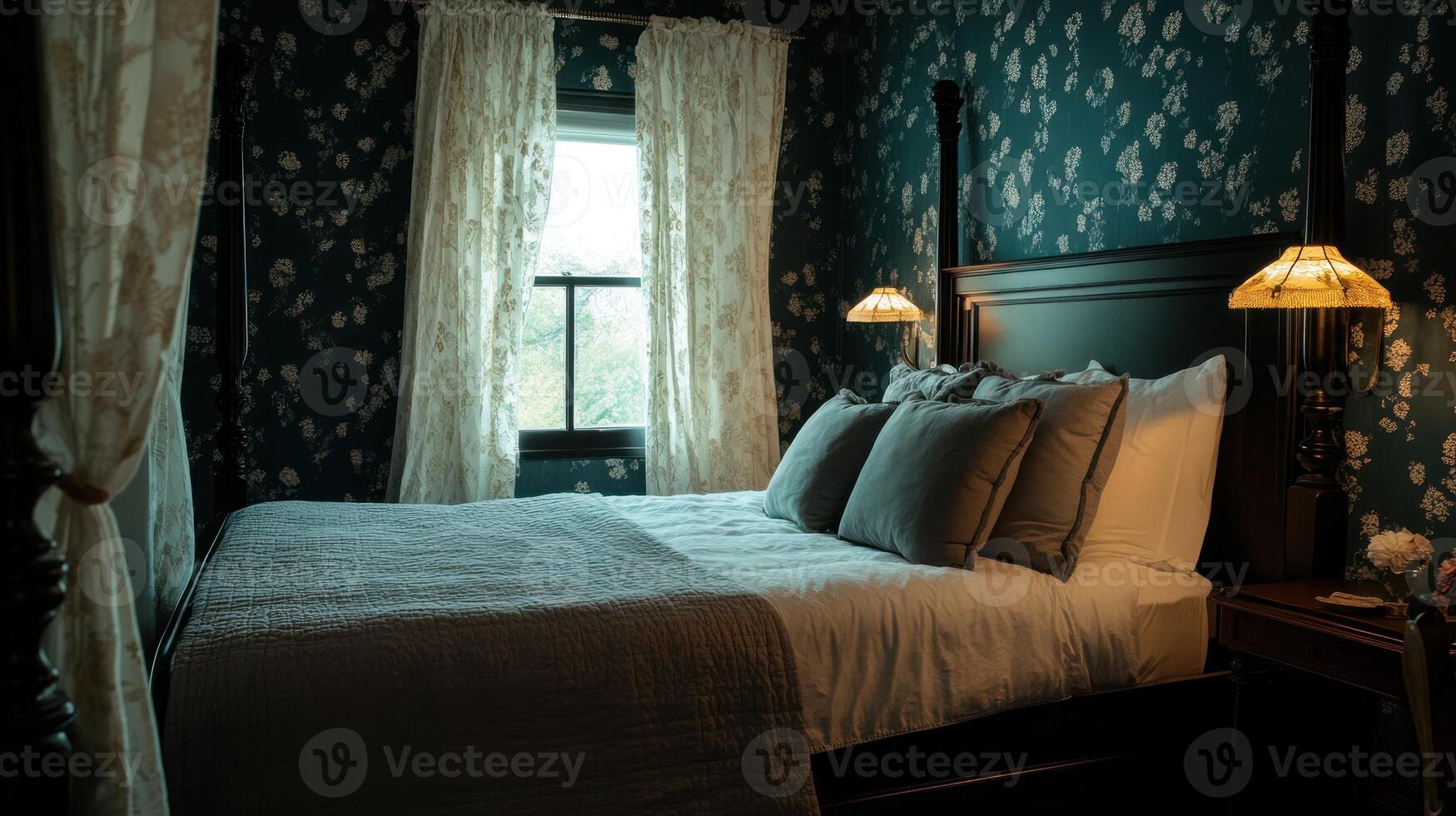 1749x980 Cozy bedroom with dark teal wallpaper