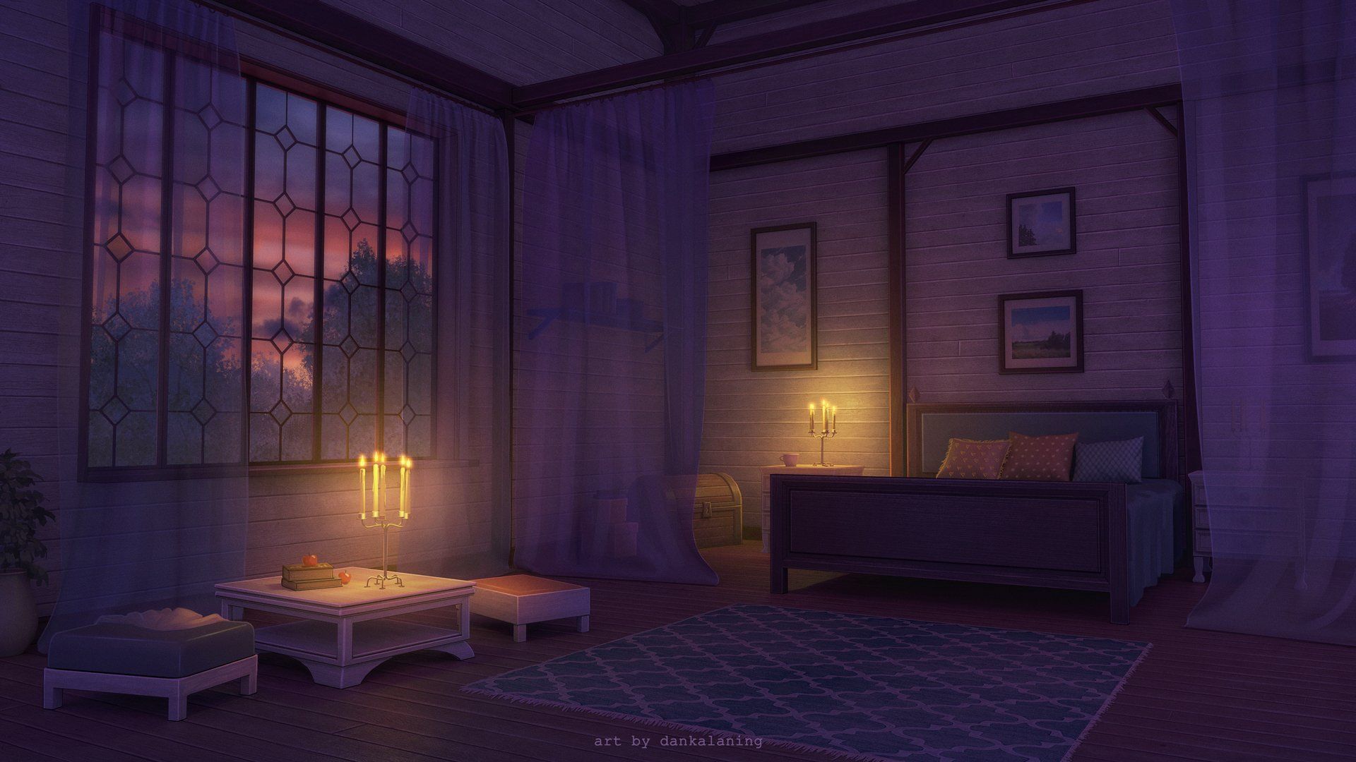 1920x1080 Cozy Anime Room at Dusk with Candlelight Ambiance