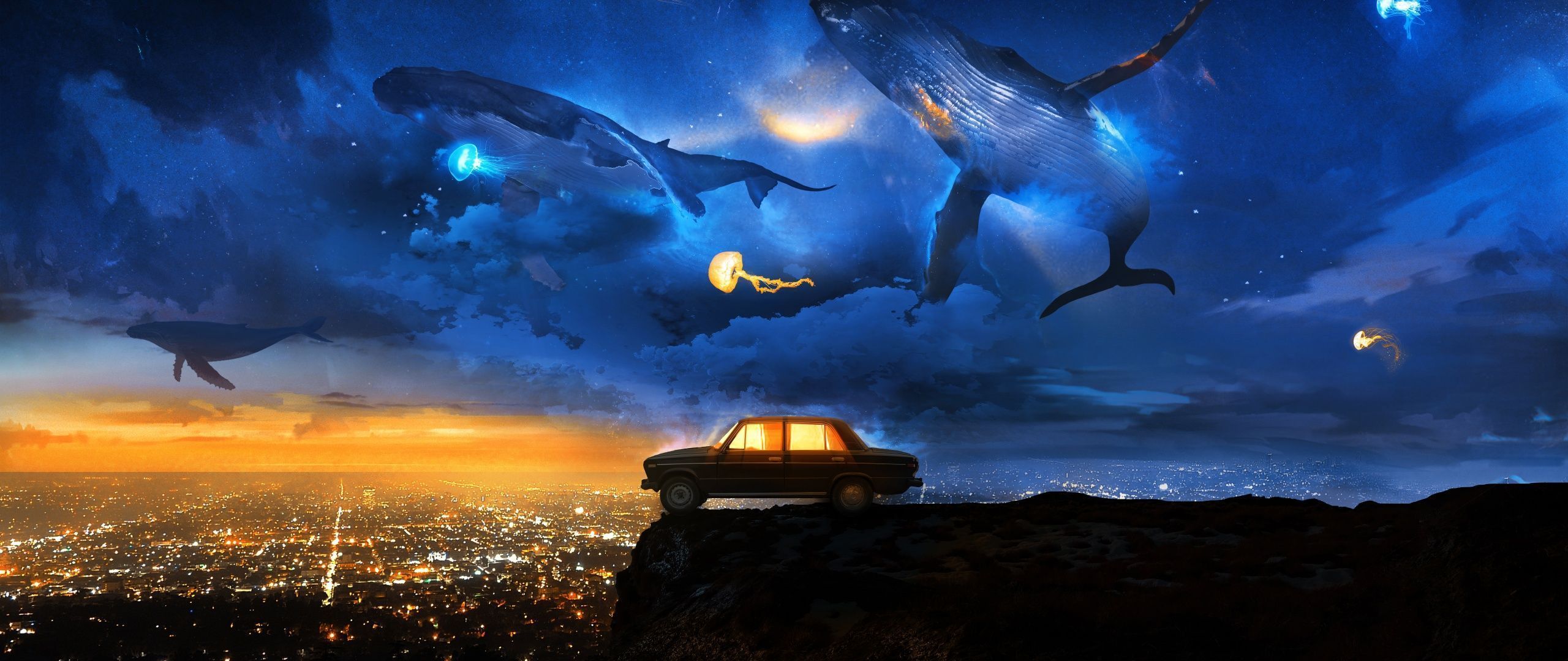 2560x1080 Flying Wallpaper 4K, Whales, Dreamlike, Cliff