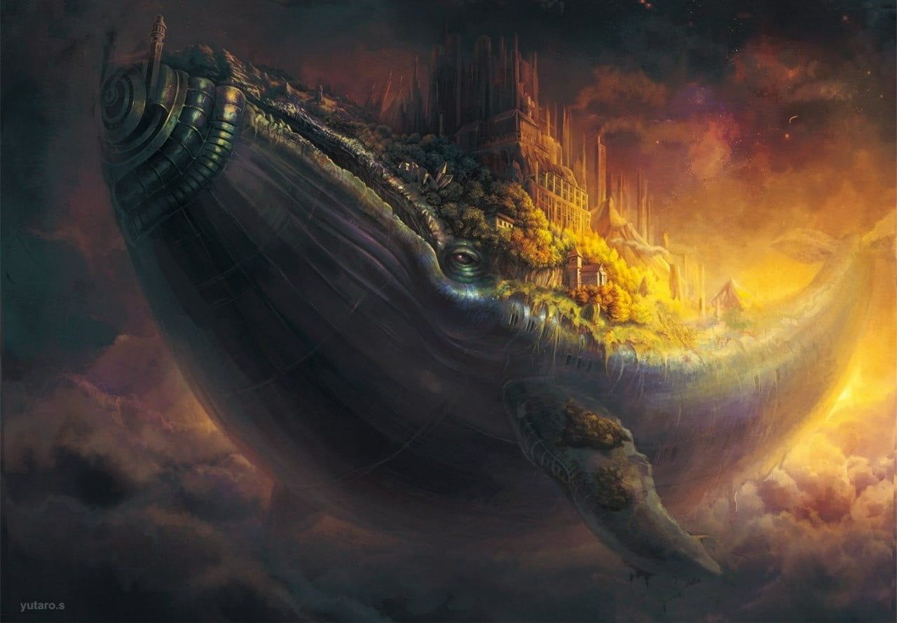 1280x889 Sky whale with citadel on back digital wallpaper, artwork, whale, fantasy art, clouds HD wallpaper