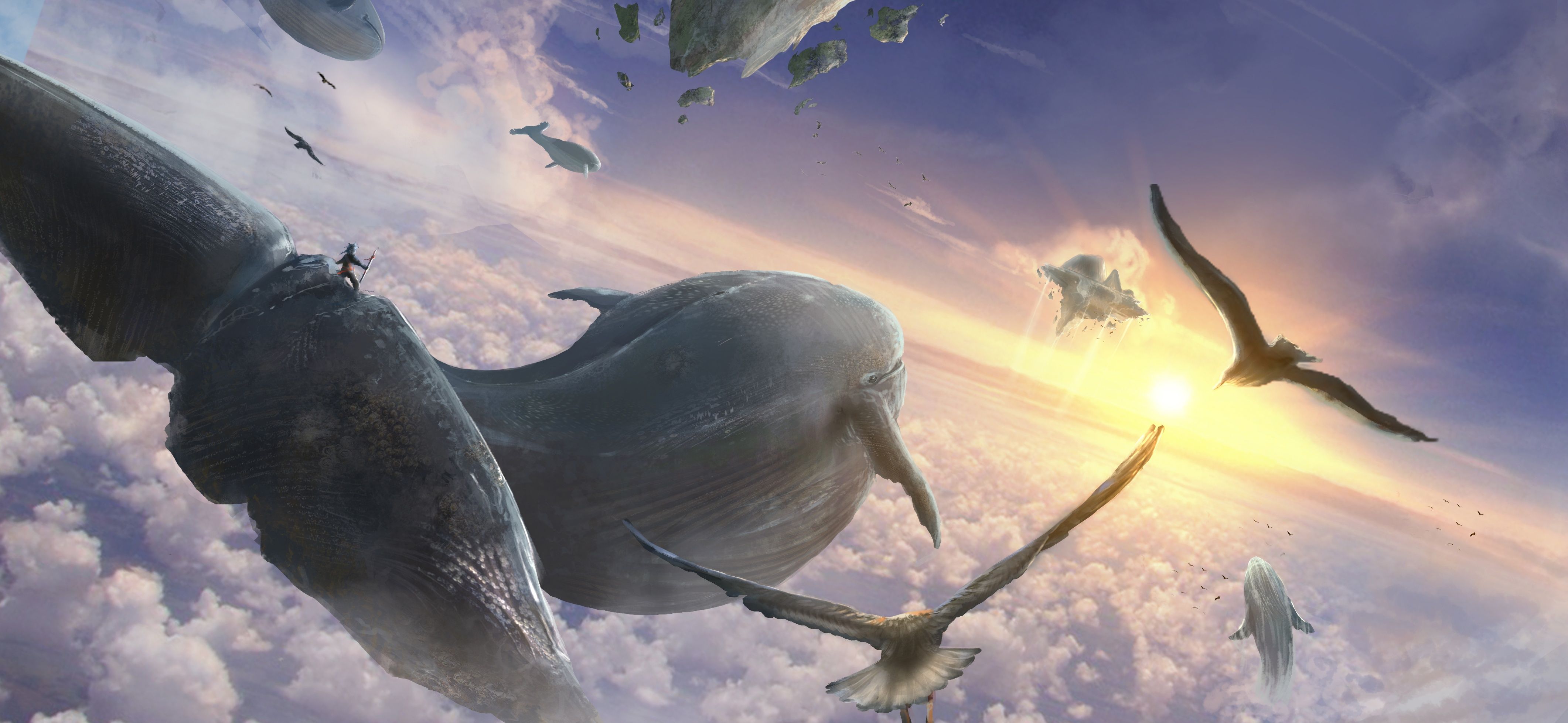 4244x1958 Wallpaper the sky, clouds, kit, Flies, flying whales for mobile and desktop, section фантастика, resolution 4244x1958