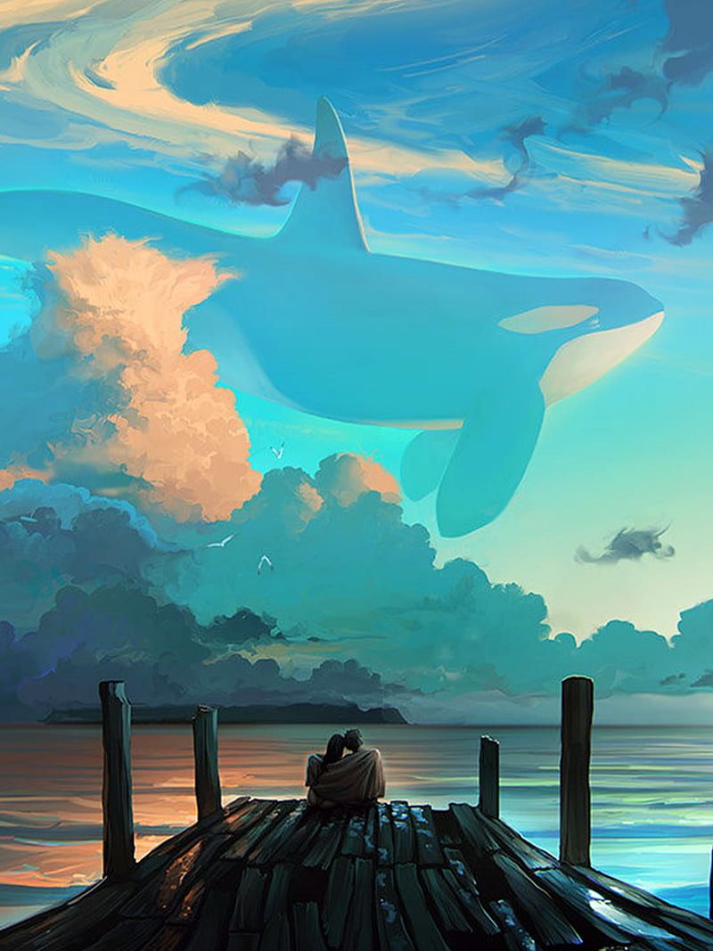 800x1067 Gazebo, travel, pier, water, sea, couple, whale, clouds, fly, painting, HD phone wallpaper