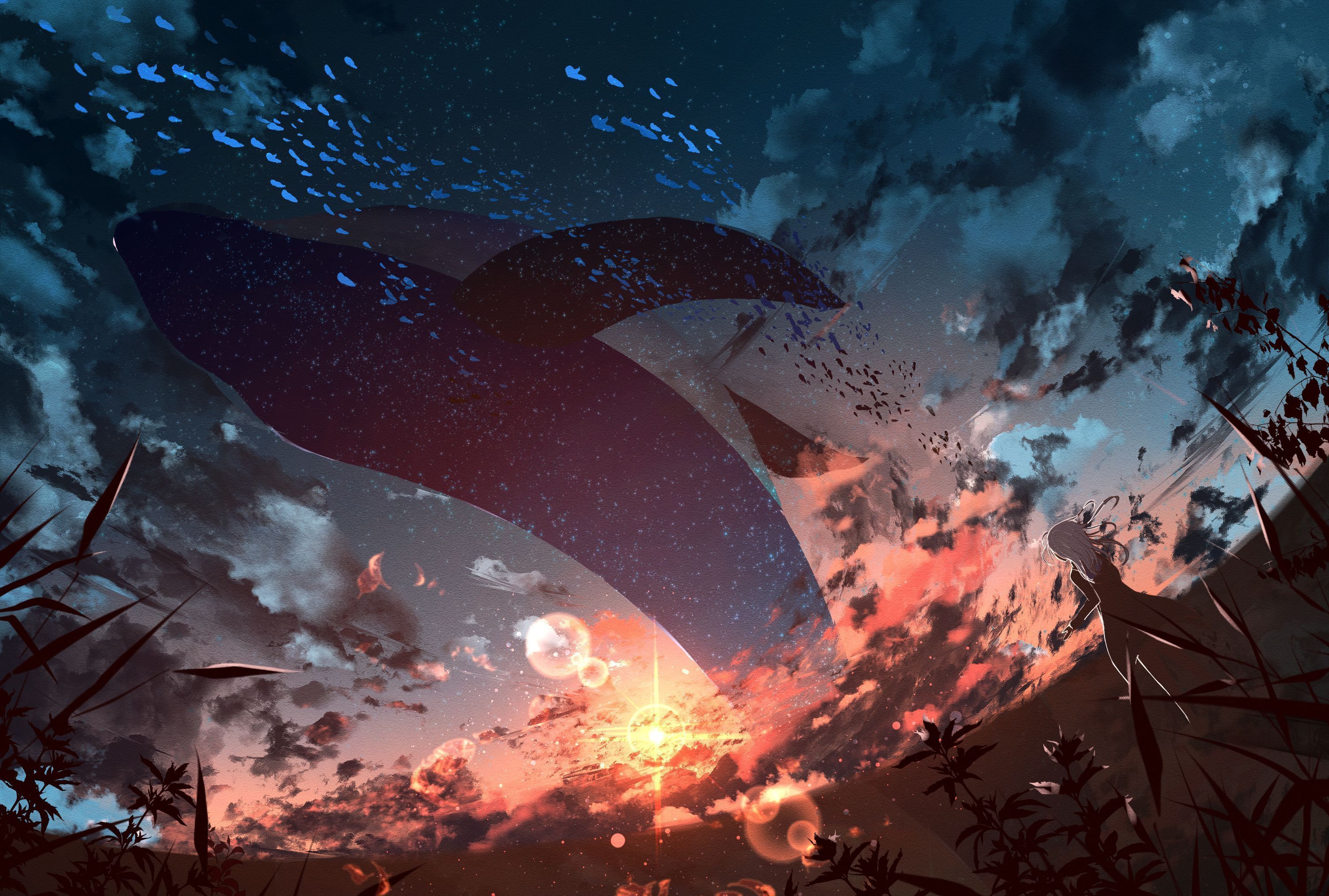 3008x2028 Desktop wallpaper: Starry Sky, Sky, Whale, Anime, Animal, Sunset 4K free download for PC. 1533296