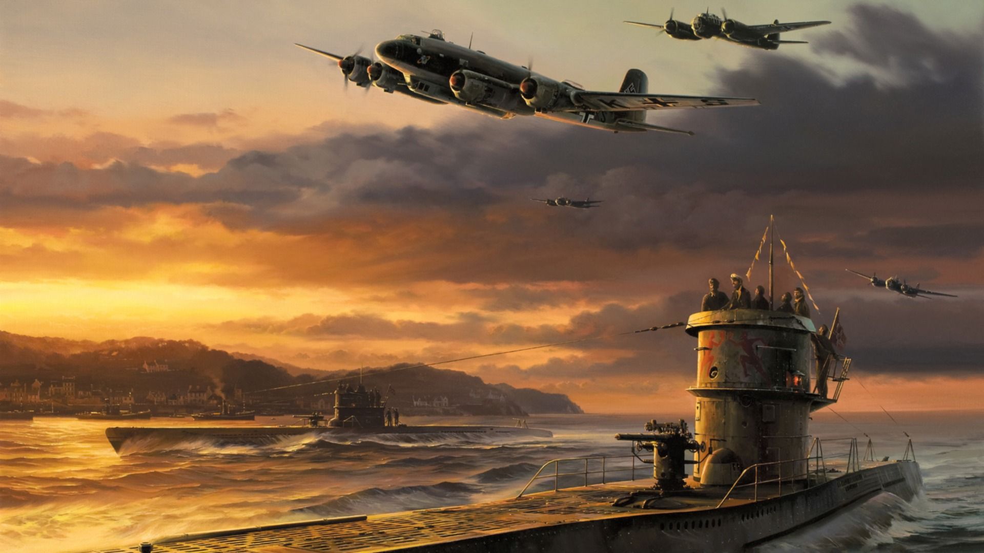 1920x1080 Wallpaper war, art, airplanes, painting, drawing, WW junker ju germans bomber for mobile and desktop, section игры, resolution 1920x1080