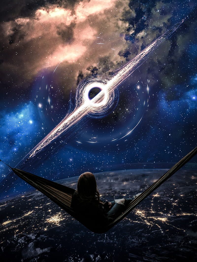 800x1065 Hammock Black Hole, black hole, cosmos, earth, galaxy, girl, planet, relax, space, HD phone wallpaper