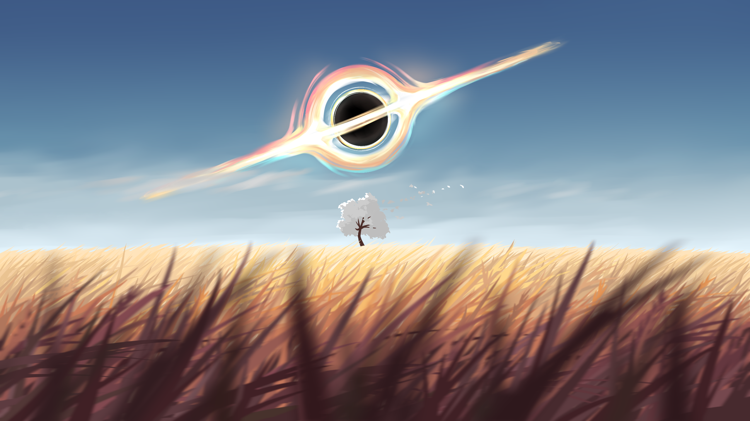 2560x1440 clouds, event horizon, petals, sky, digital art, field, black holes, HD Wallpaper