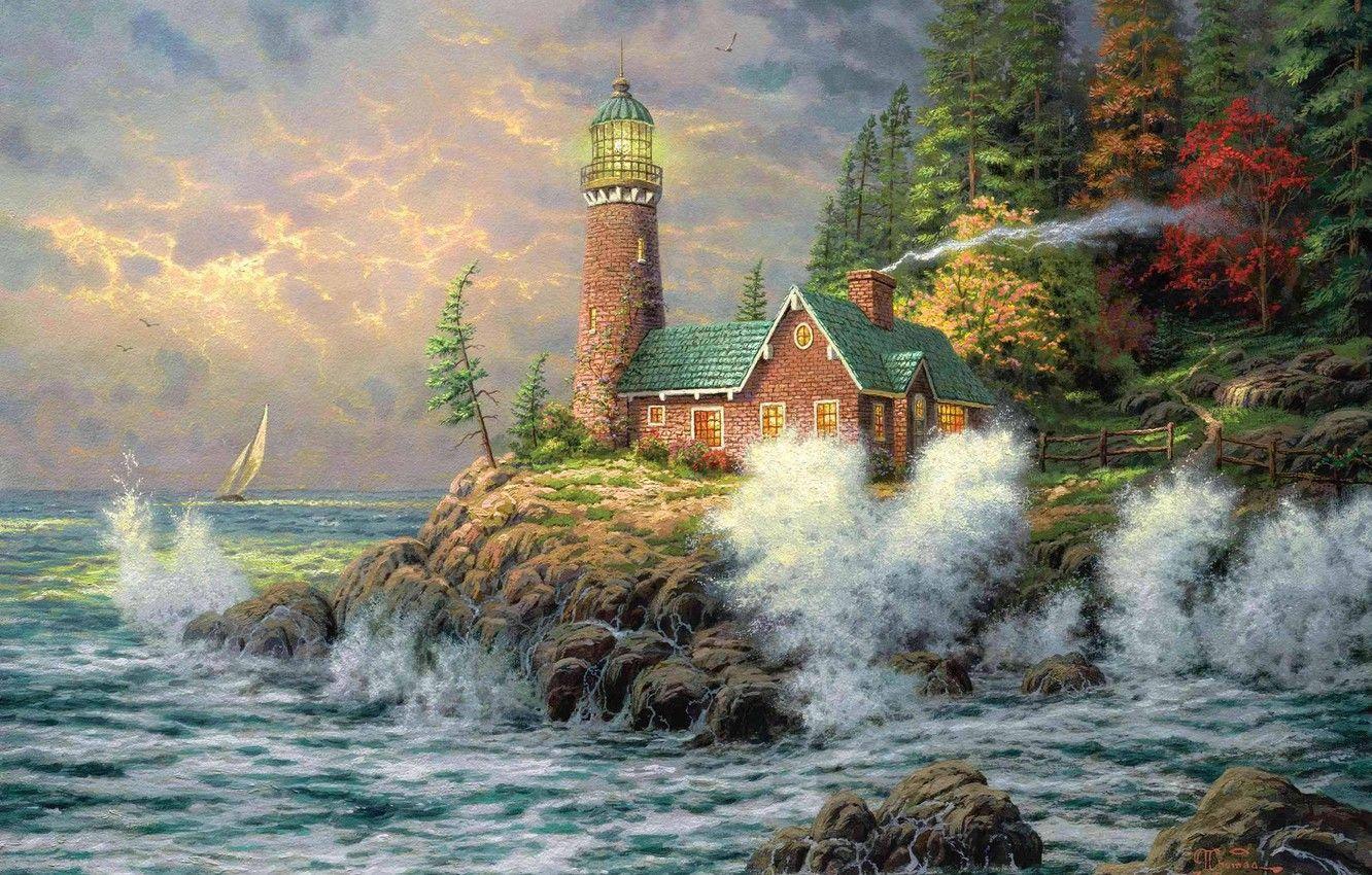 1332x850 Wallpaper sea, lighthouse, picture, painting, thomas kinkade