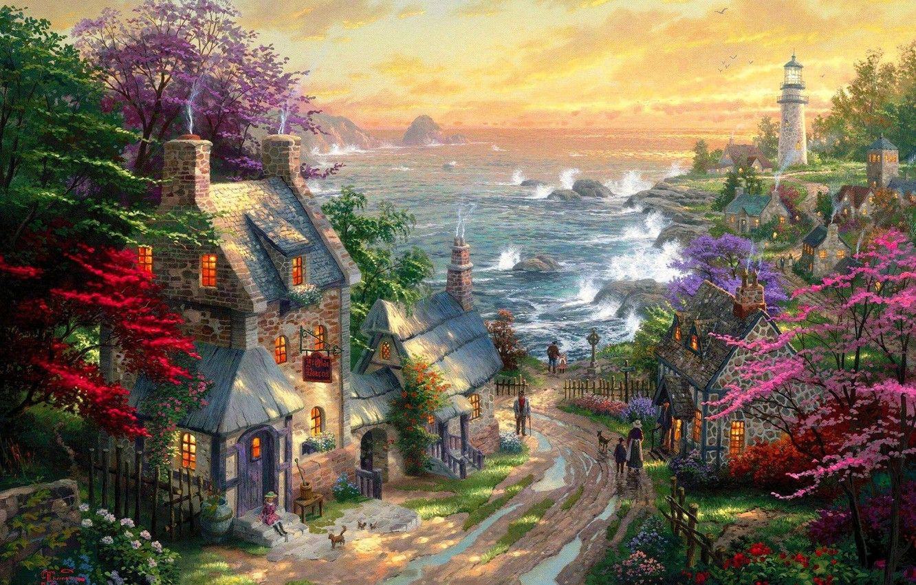1332x850 Wallpaper road, sea, lighthouse, home, village, puddles, painting