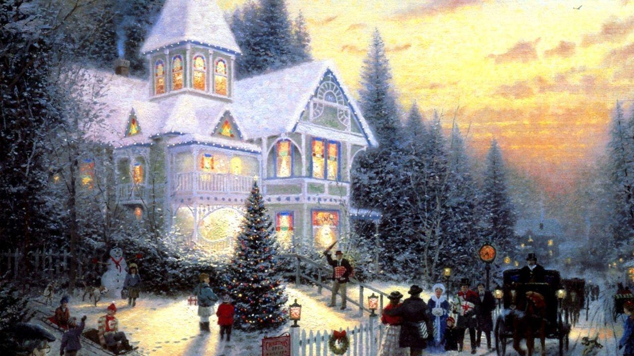 1280x720 new year, thomas kinkade, christmas tree, christmas