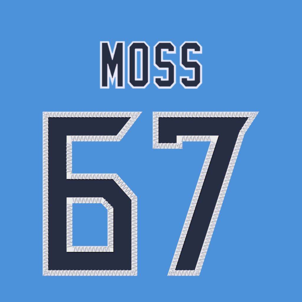 1024x1024 Tennessee Titans OL Drew Moss is wearing number 67. Last assigned to Isaiah Raikes. #TitanUp