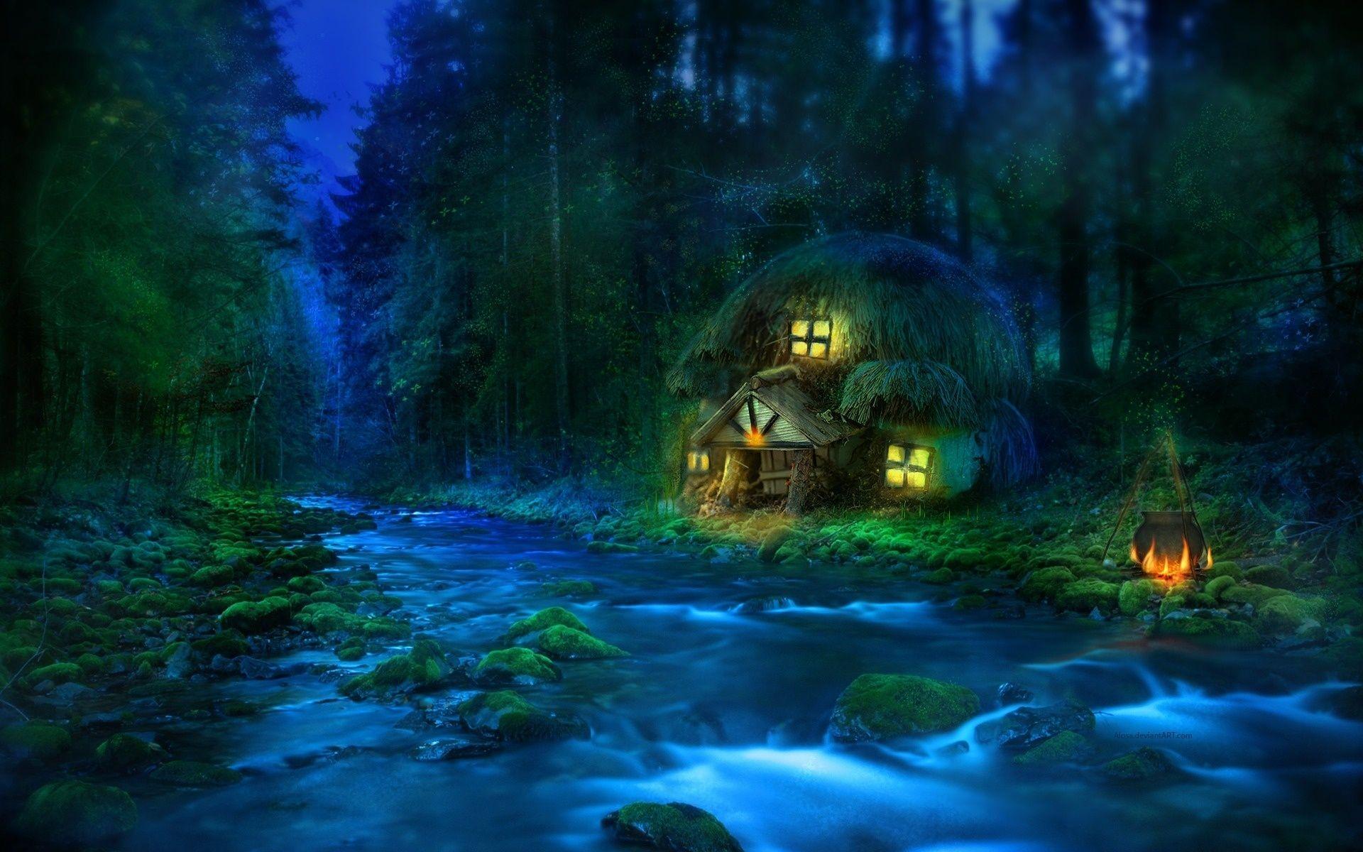 1920x1200 Wallpaper. Fantasy. photo. picture. forest, river, the house, ear