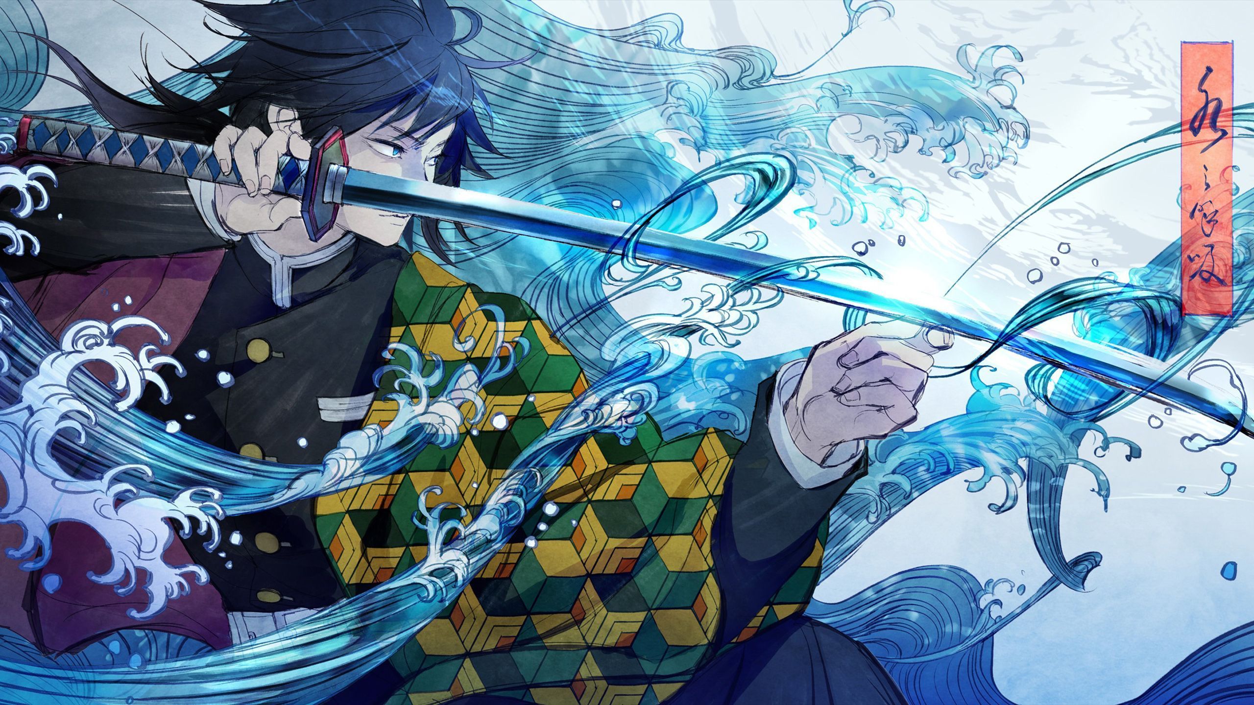 2560x1440 Demon Slayer Giyuu Tomioka With A Long Sharp Sword With Background Of Blue Abstract HD Anime Wallpaper