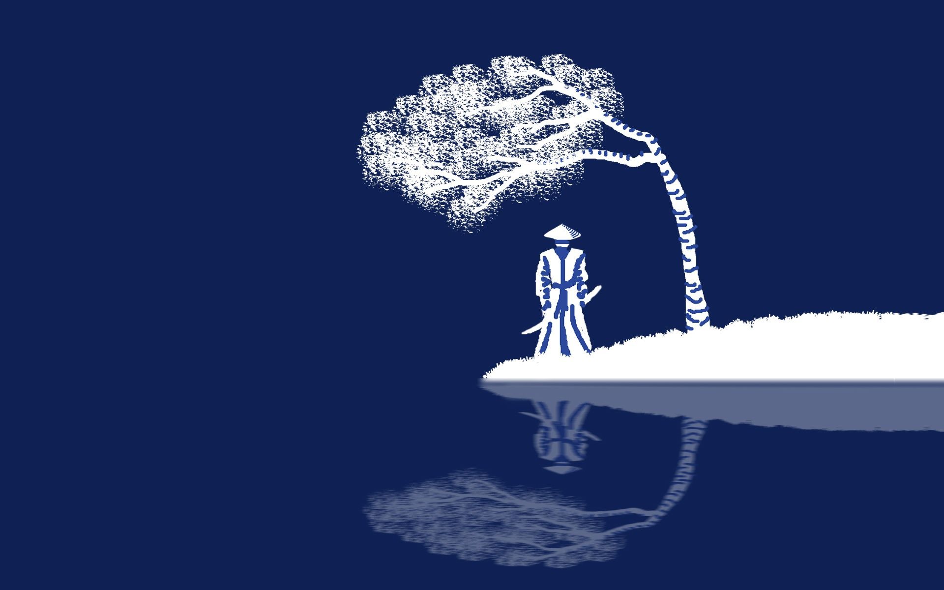 1920x1200 Wallpaper samurai, warrior, simple background, artwork, digital art, fantasy art, tree, hat for mobile and desktop, section минимализм, resolution 1920x1200