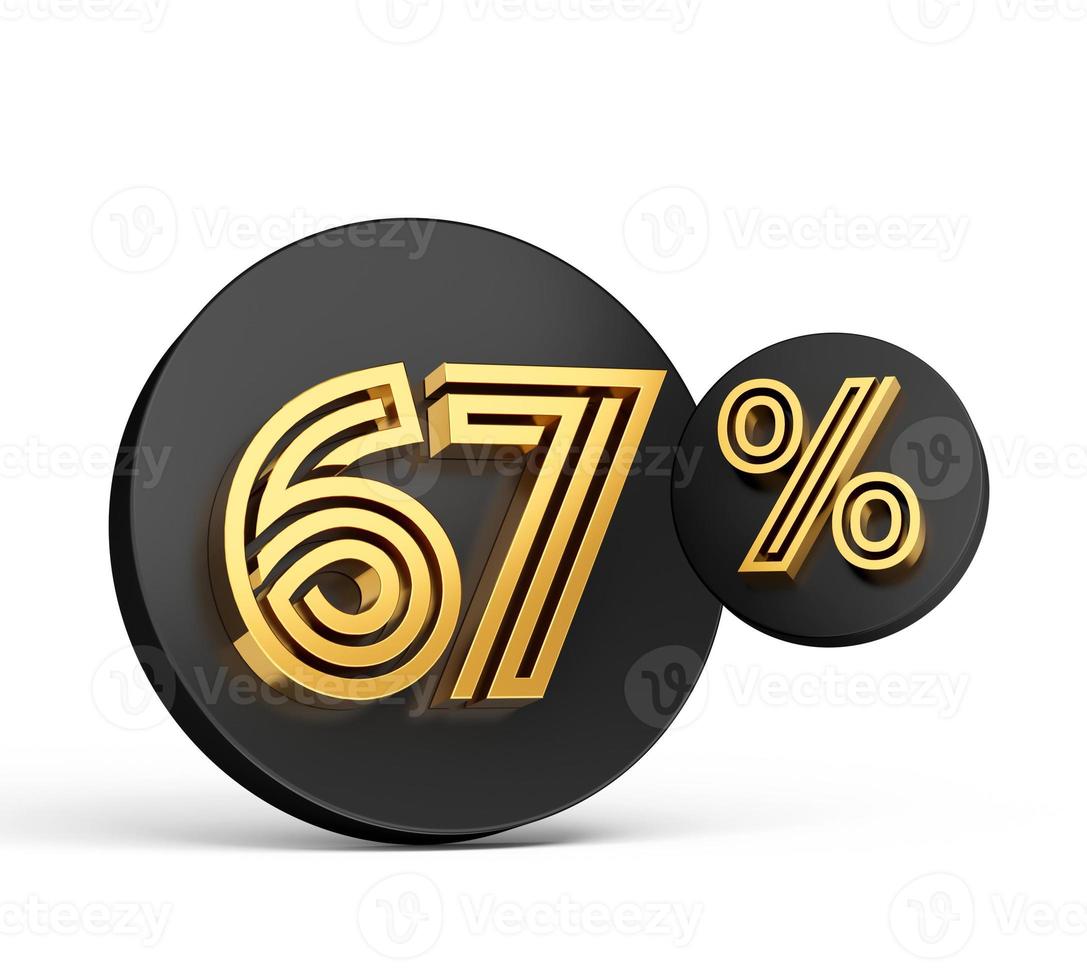 1087x980 Royal Gold Modern Font. Elite 3D Digit Letter 67 Sixty seven percent on Black 3D button icon 3D Illustration