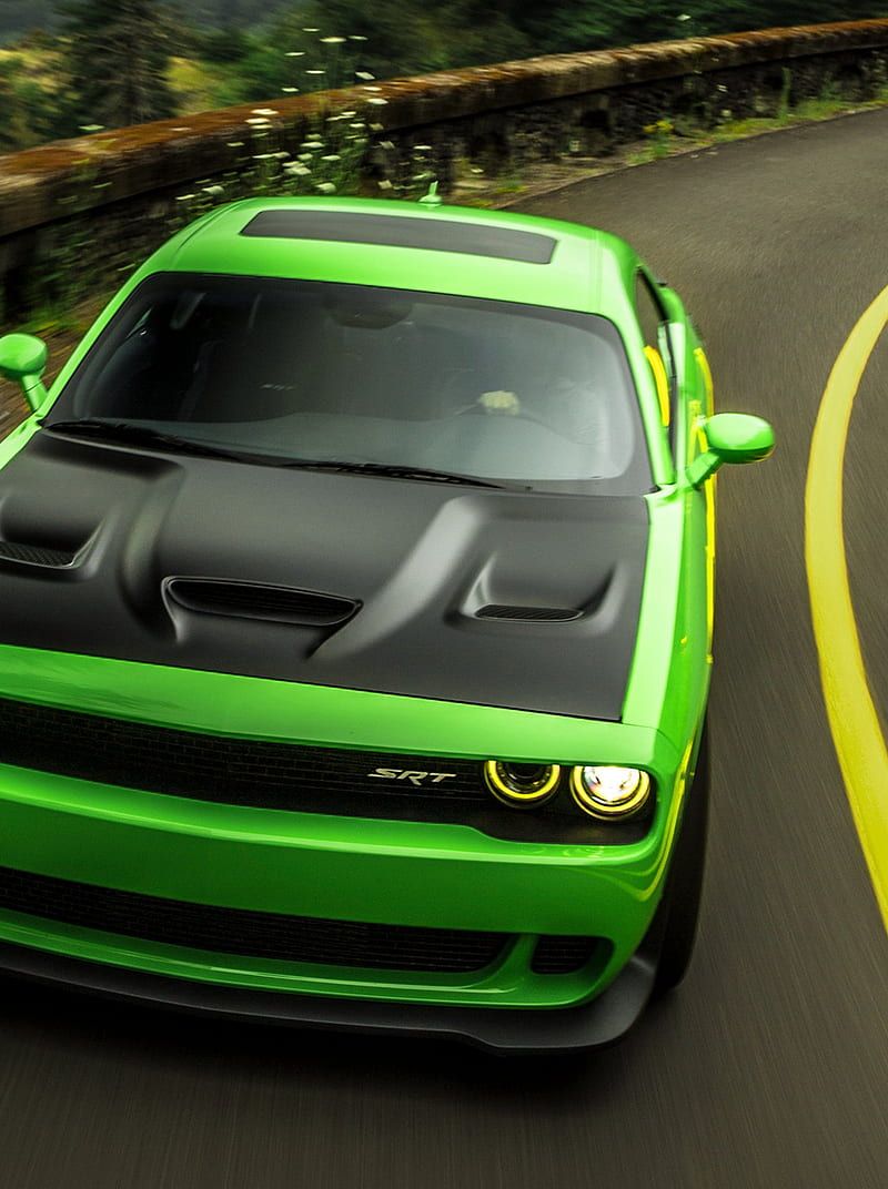 800x1072 Dodge Challenger, car, green, road, HD phone wallpaper
