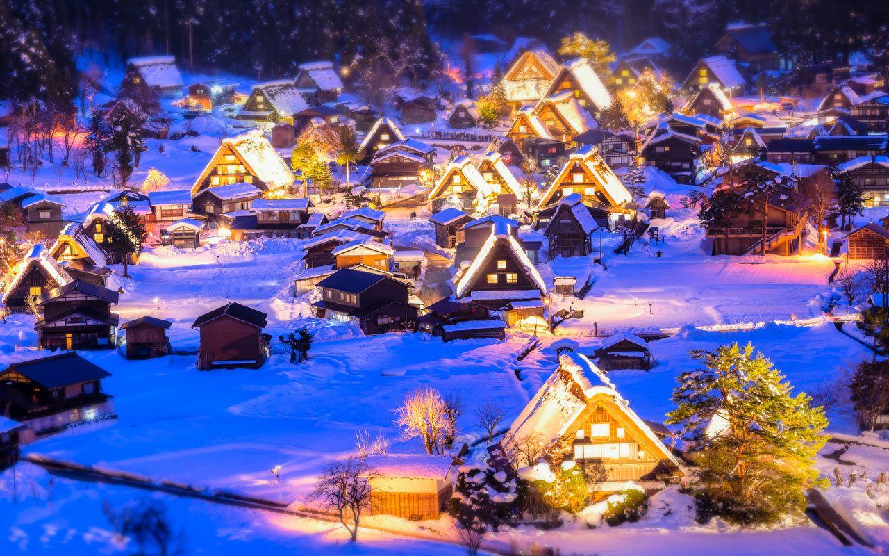 1280x800 Wallpaper Japan Village Winter Snow Night Street lights 1280x800