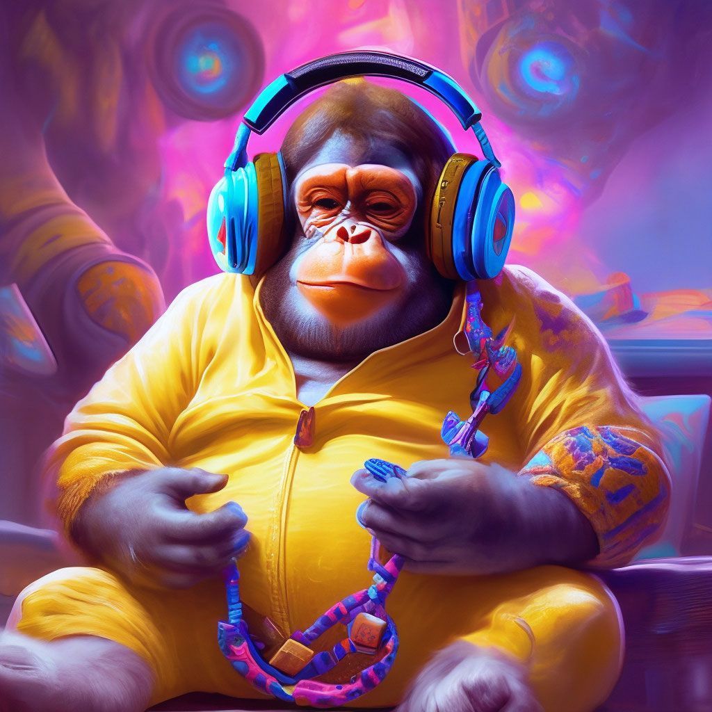 1024x1024 A fat monkey in headphones is getting high