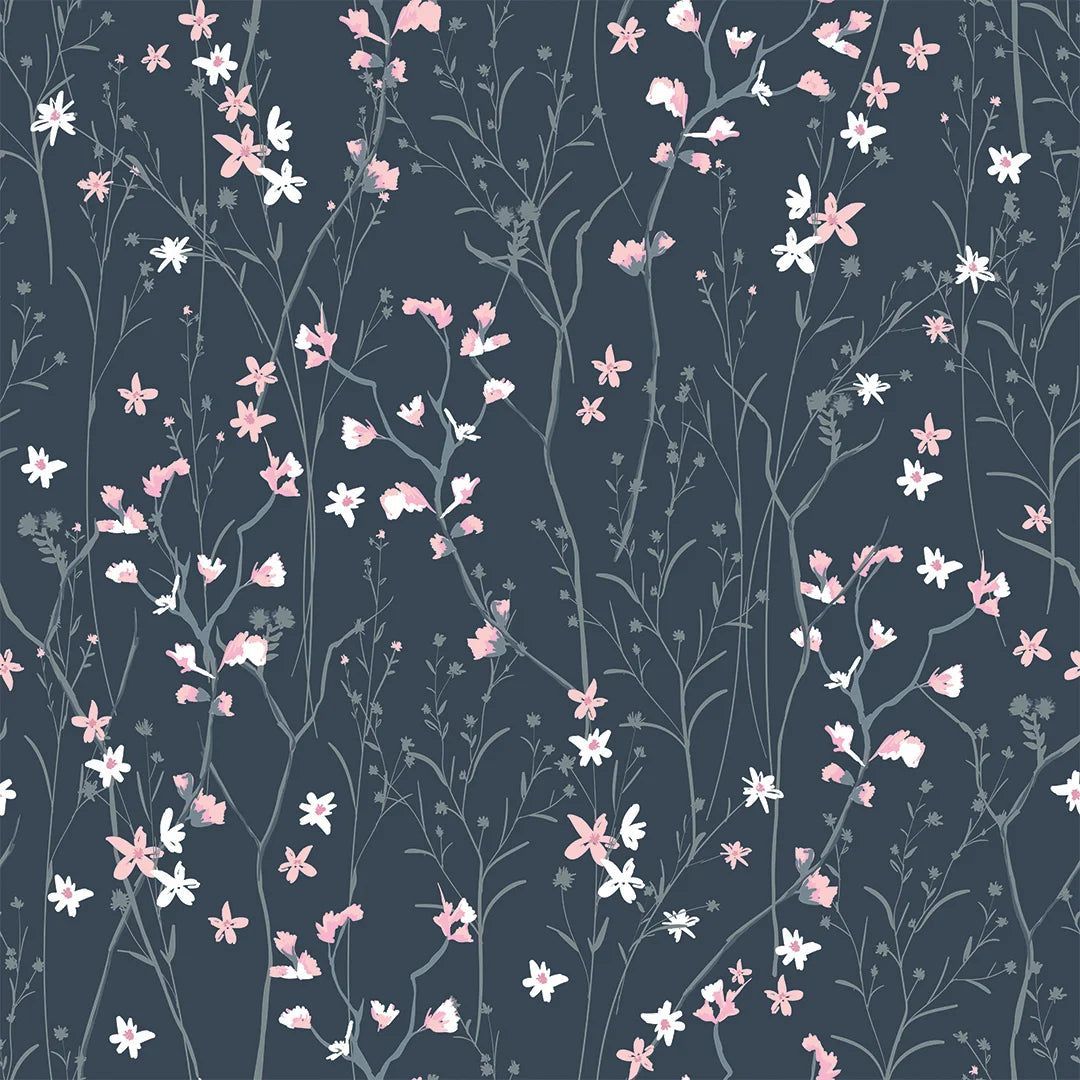 1080x1080 Summer Meadow Wallpaper in Navy and Pink