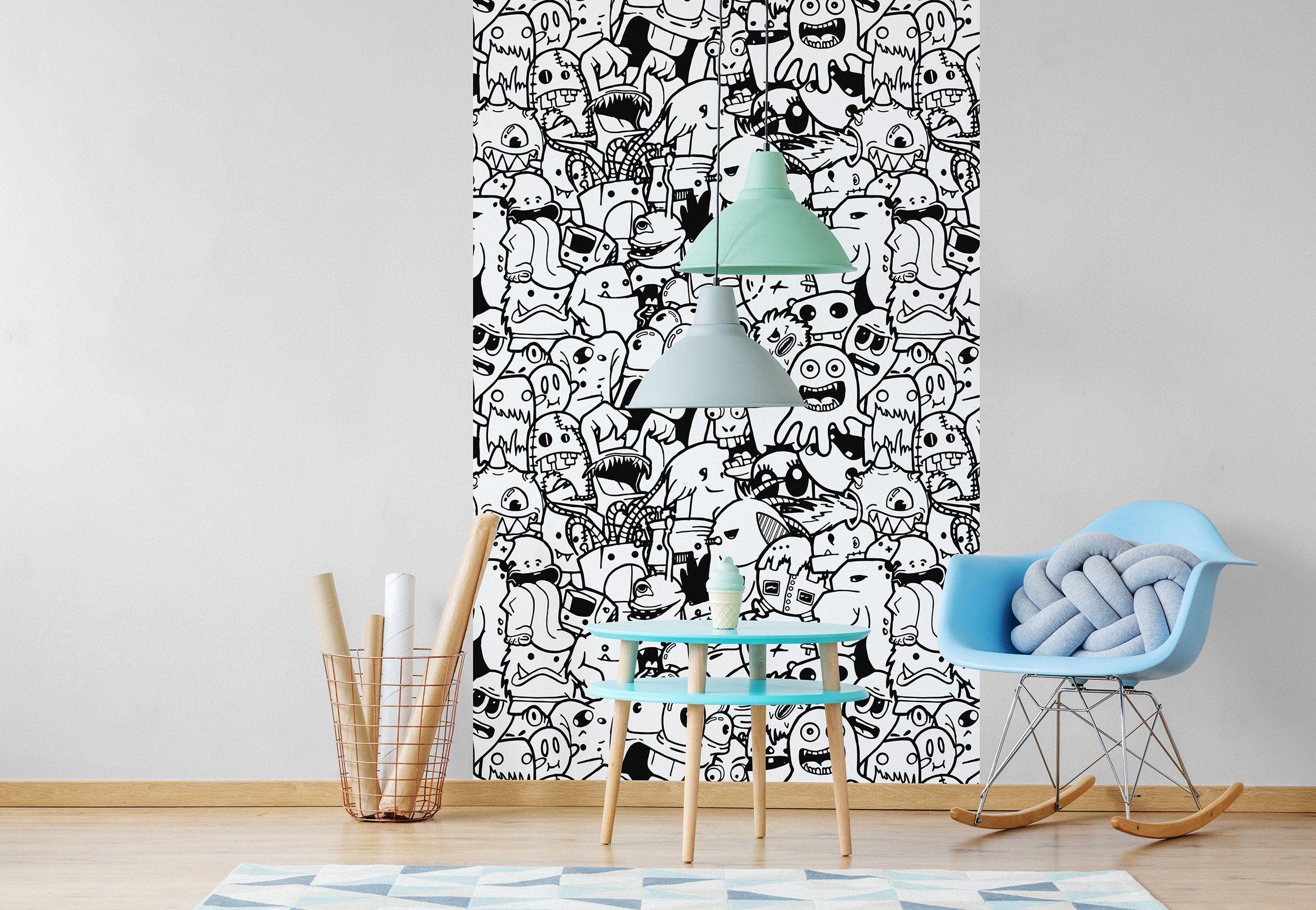 2500x1728 Kids room doodles wallpaper, nursery wall murals, black white