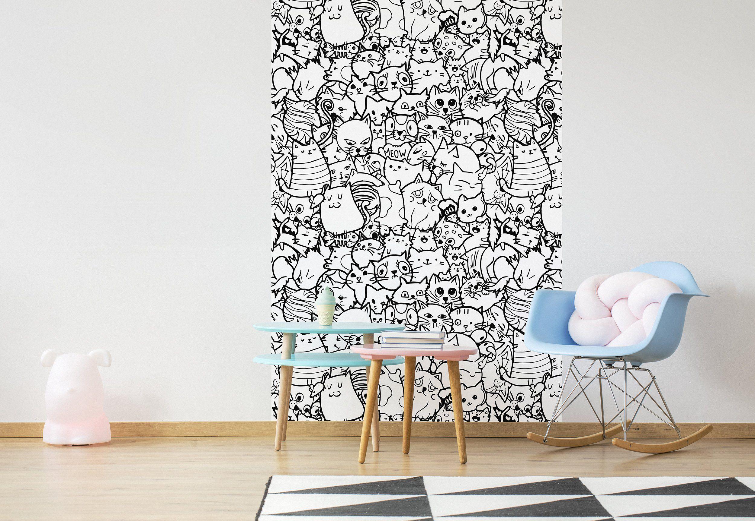 2500x1728 Kids room doodles wallpaper, nursery wall murals, black white