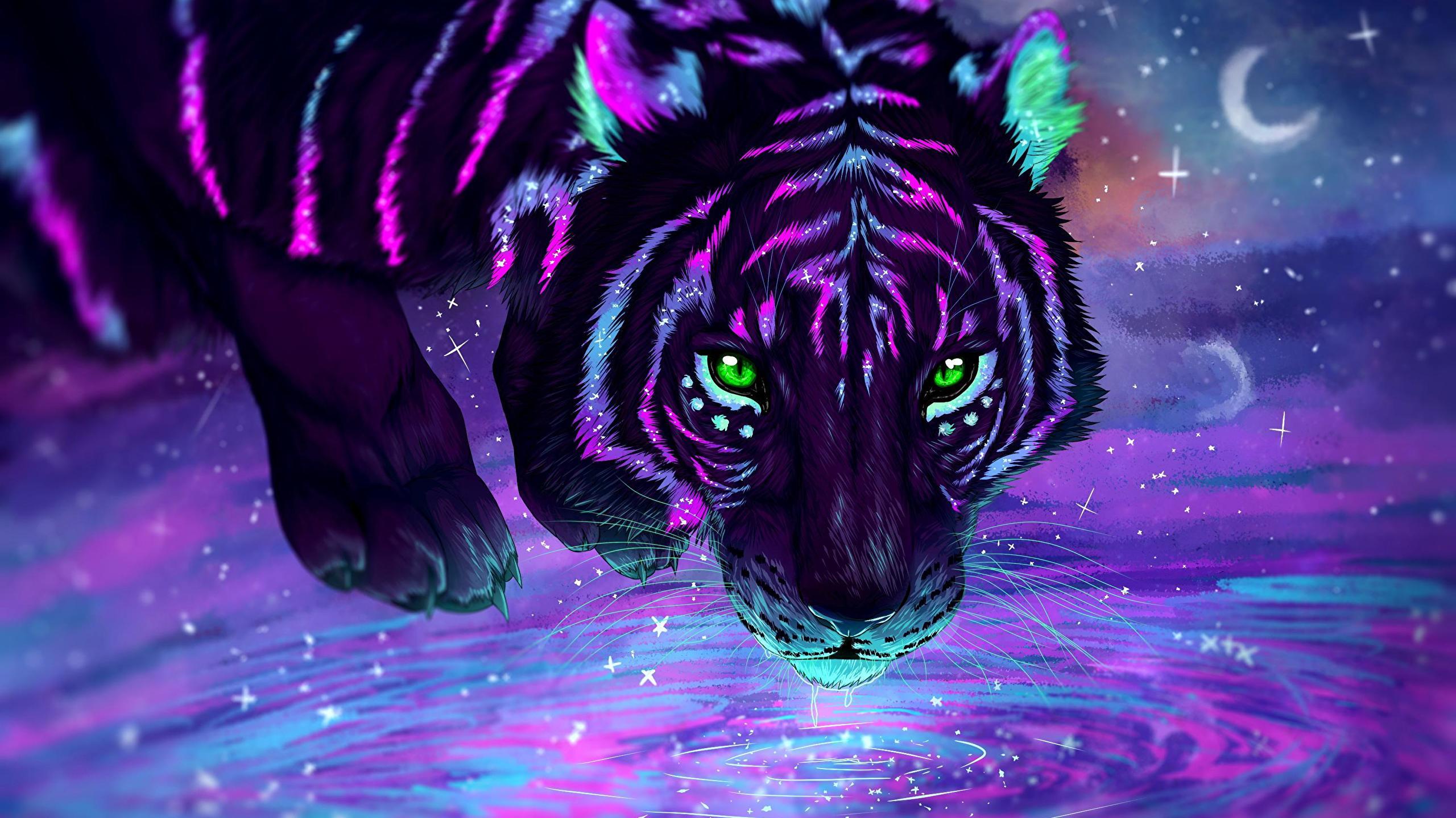 2560x1440 #tiger, #animals, #water, #neon, #green eyes, wallpaper