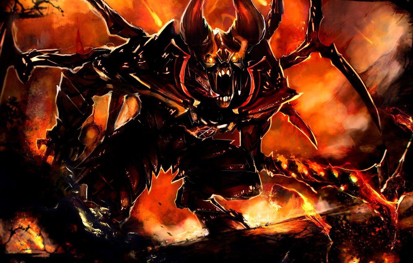 1332x850 Wallpaper wings, sword, the demon, art, horns, Dota Doom
