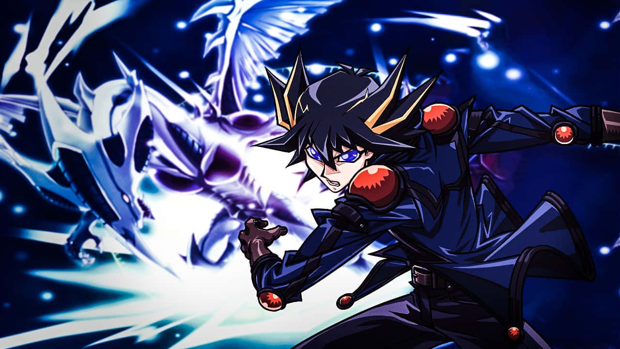 1280x720 Download Yusei Fudo Riding his Duel Runner in Action Wallpaper