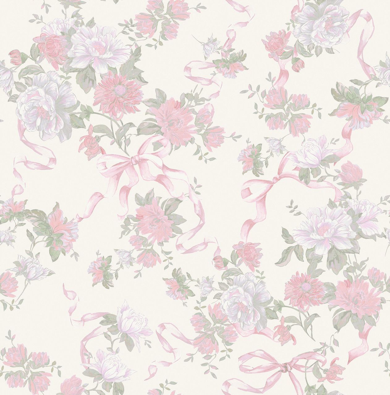 1262x1280 Cabbage Rose Bow Pretty In Pink Ribbons & Roses Wallpaper By A Street Prints