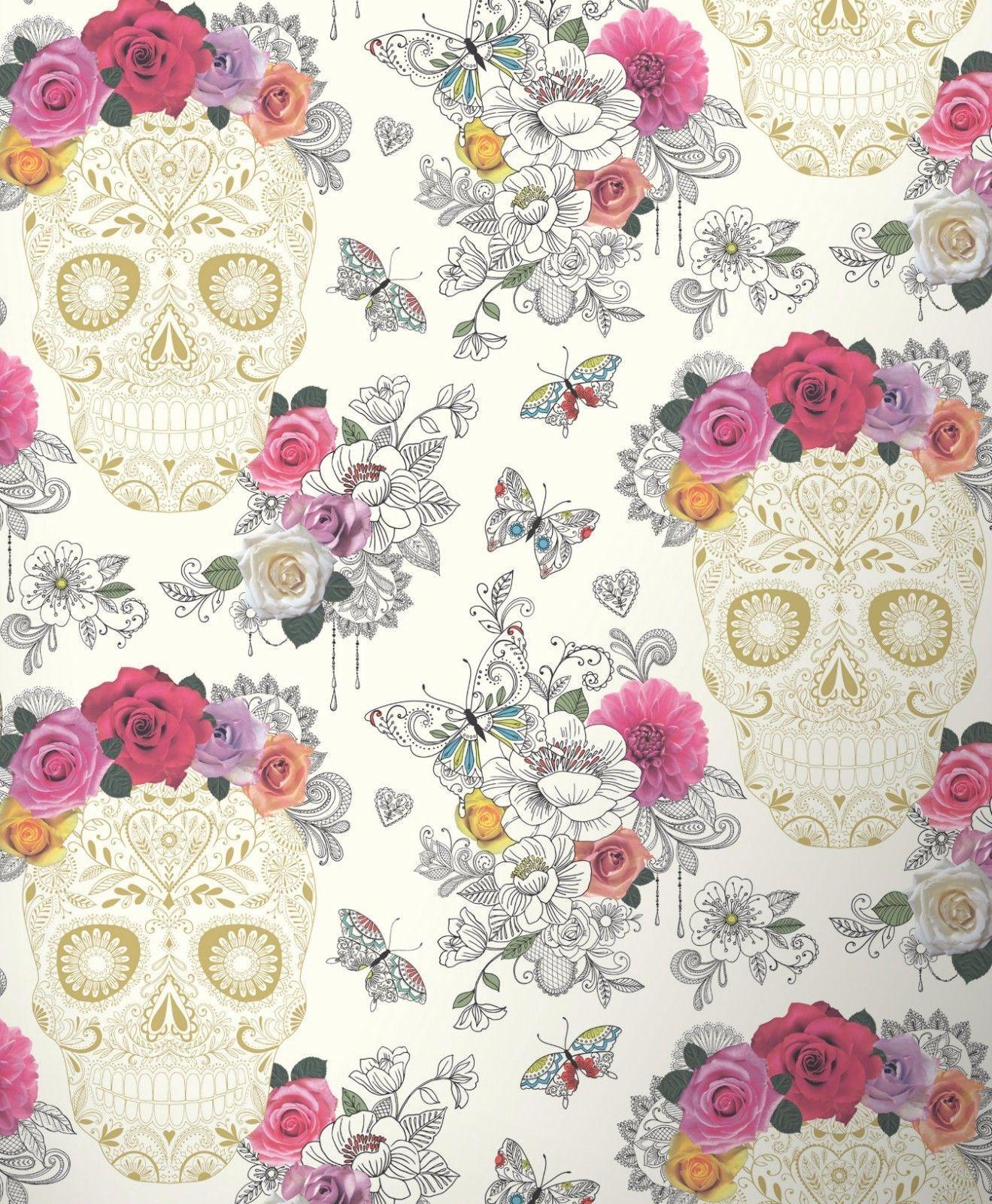 1319x1600 Flower Skull Floral Wallpaper Butterflies Art Hearts Roses Funky Rasch