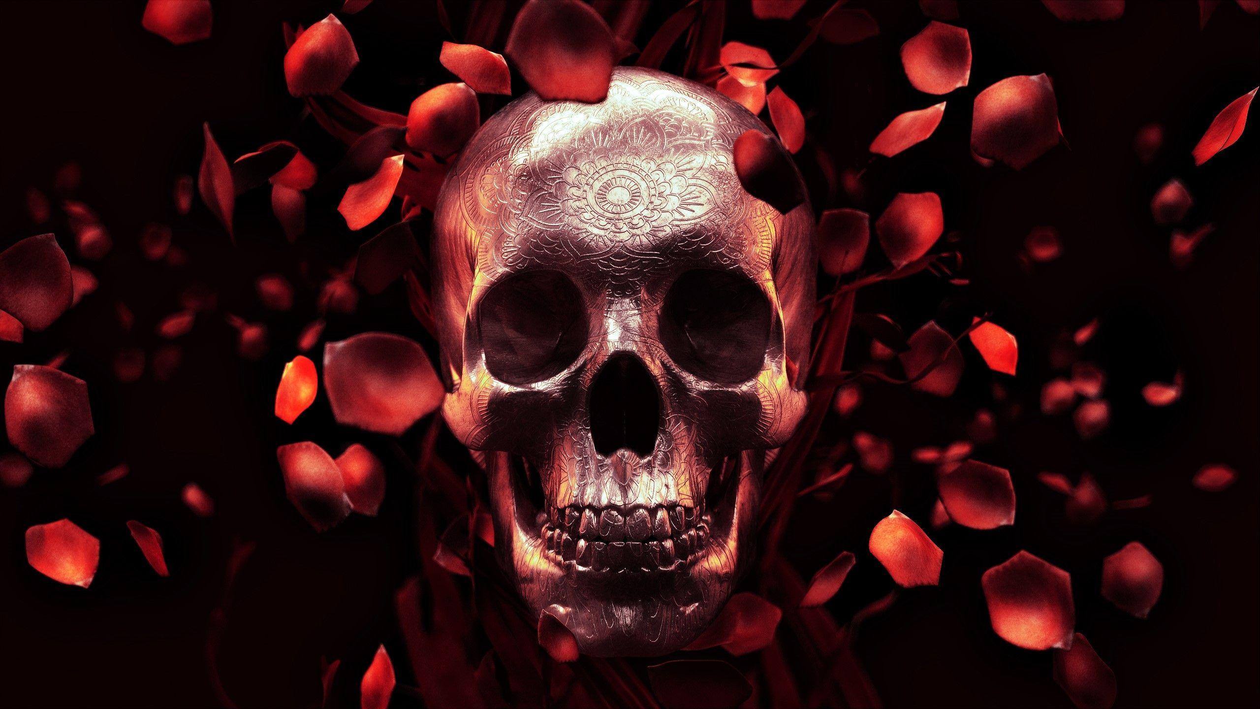 2560x1440 Skull, Rose Petals, Gothic Petal Skull