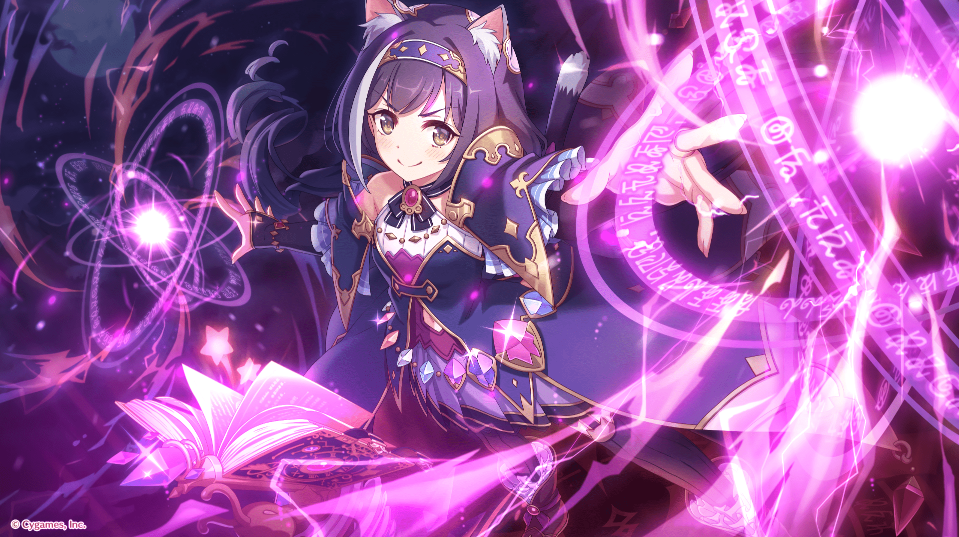 1919x1074 Kyaru (Princess Connect), anime, Princess Connect Re:Dive, green eyes, magic, fantasy girl, anime girls, purple hair, HD Wallpaper