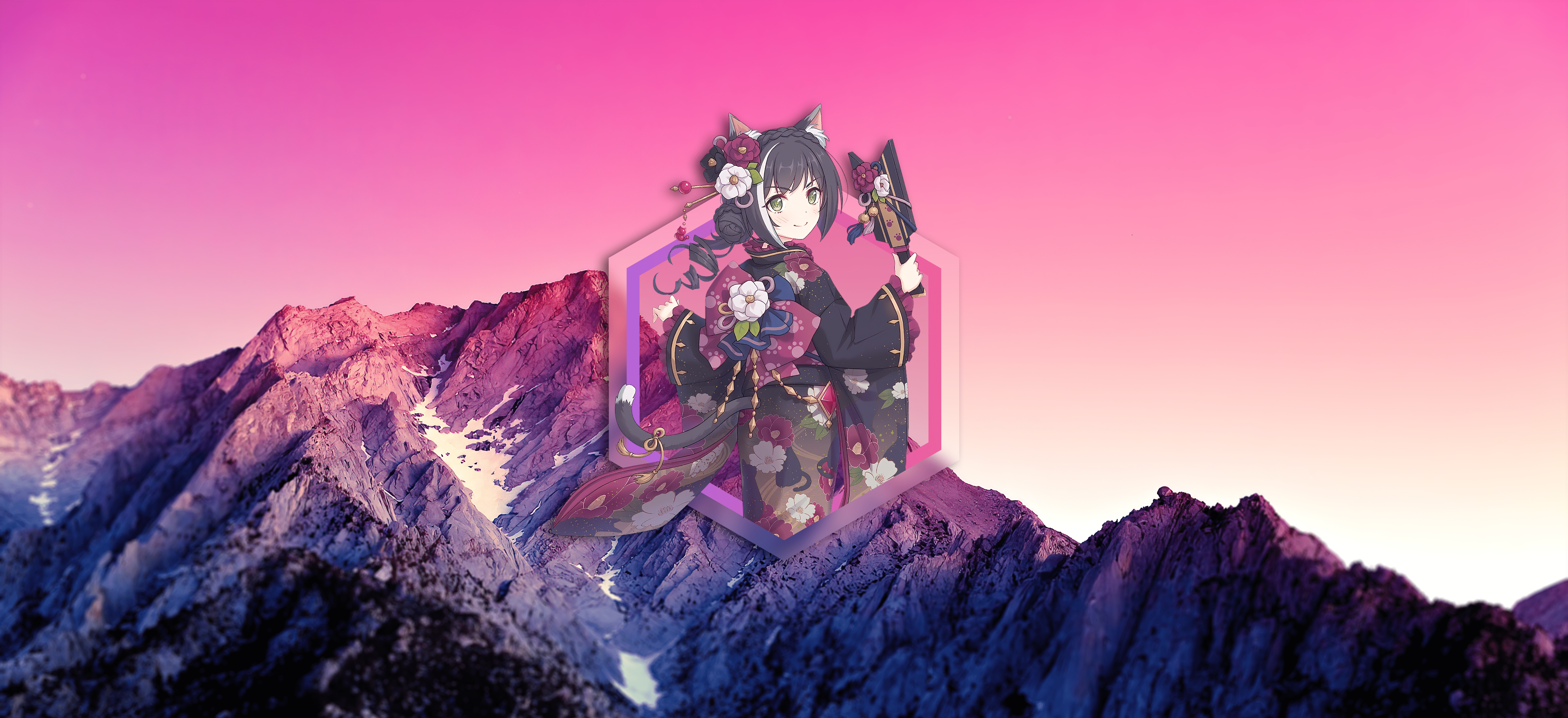 6000x2750 4K, Mountain Top, Purple, Sky, Mountains, Sunset, Picture In Picture, Princess Connect Re:Dive, Sunlight, Kyaru (Princess Connect), HD Wallpaper