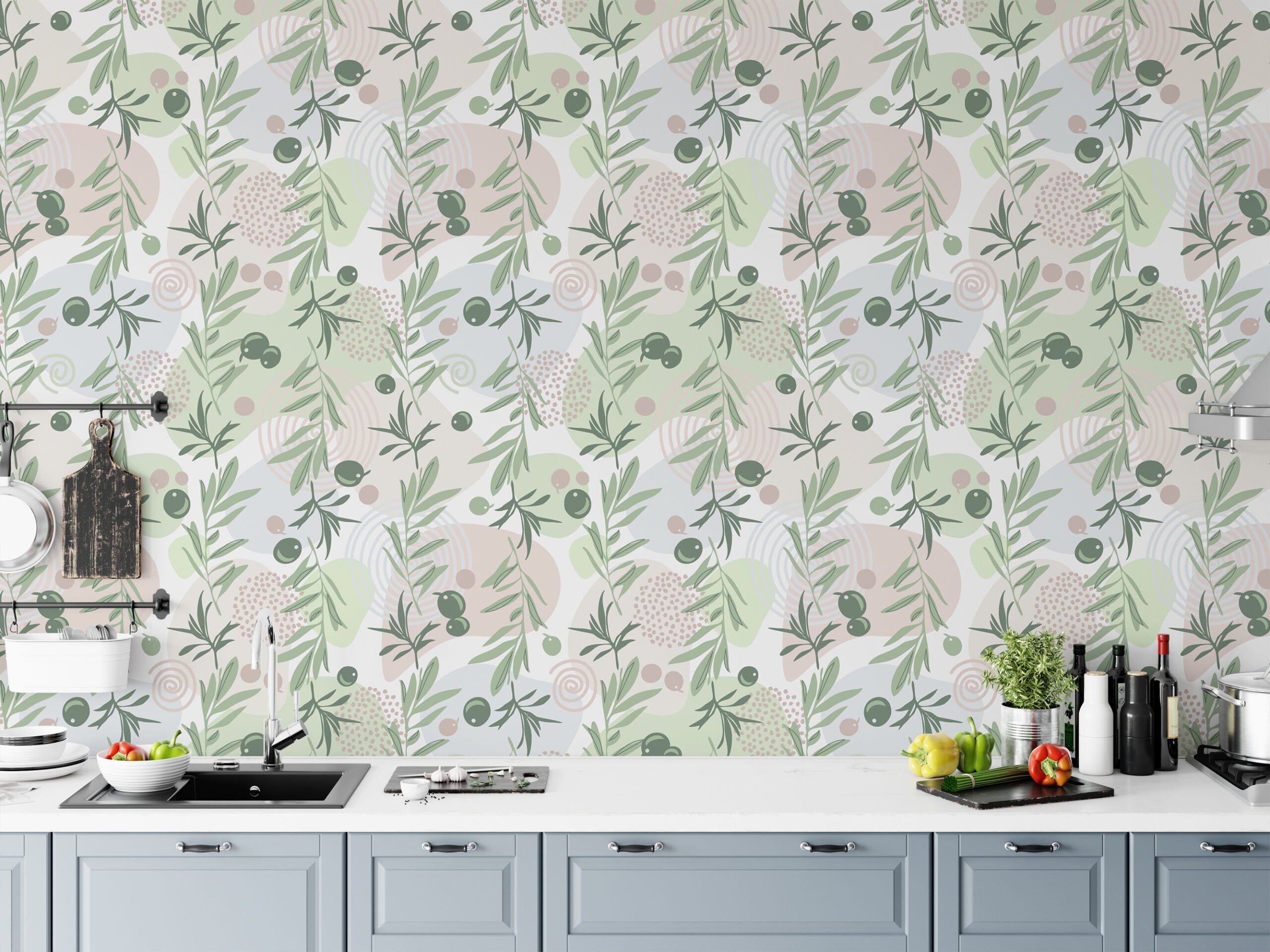 2560x1920 Flat Art Green Olive Branches Design Wallpaper, Soft Olive Garden Peel & Stick Wall Mural