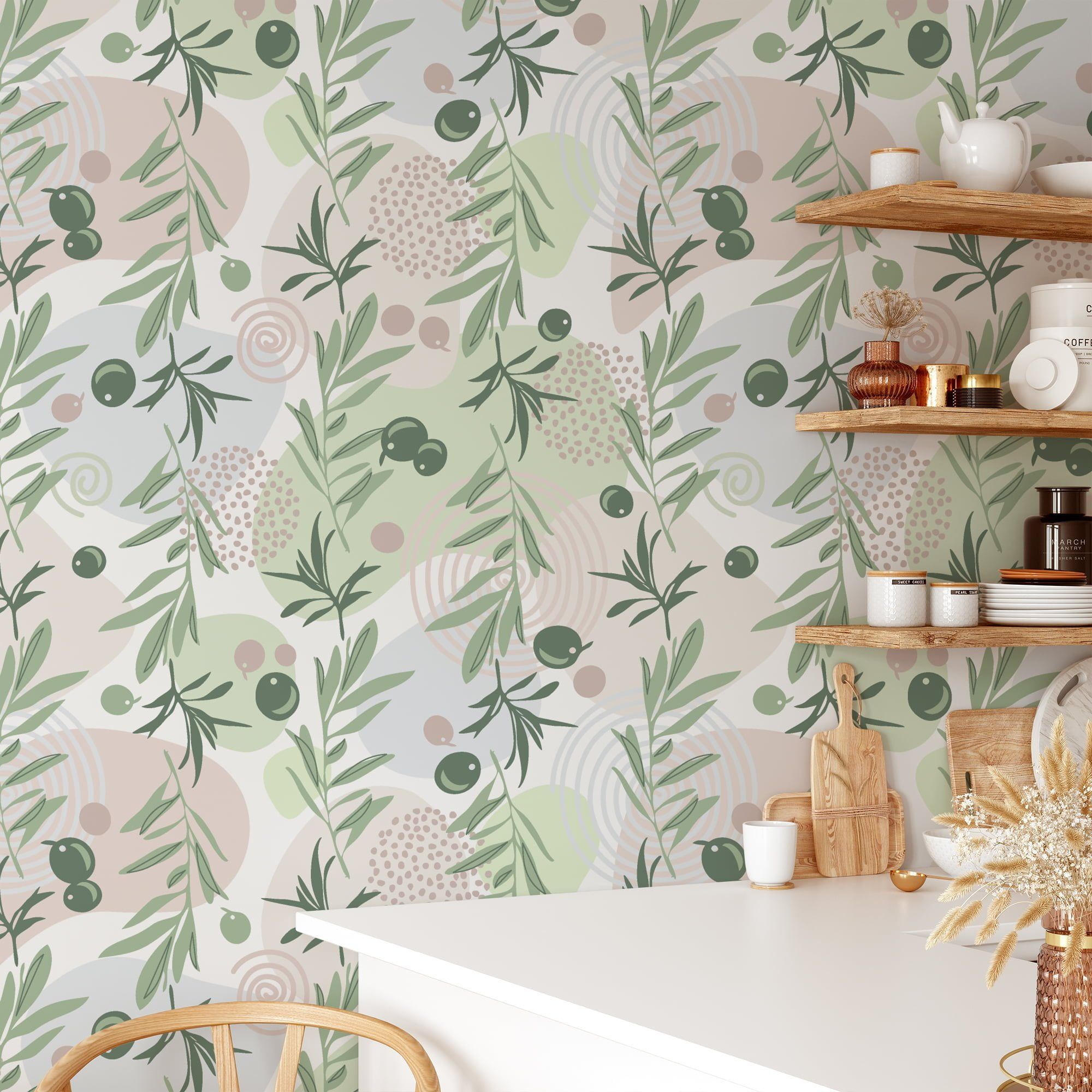 2000x2000 Flat Art Green Olive Branches Design Wallpaper, Soft Olive Garden Peel & Stick Wall Mural
