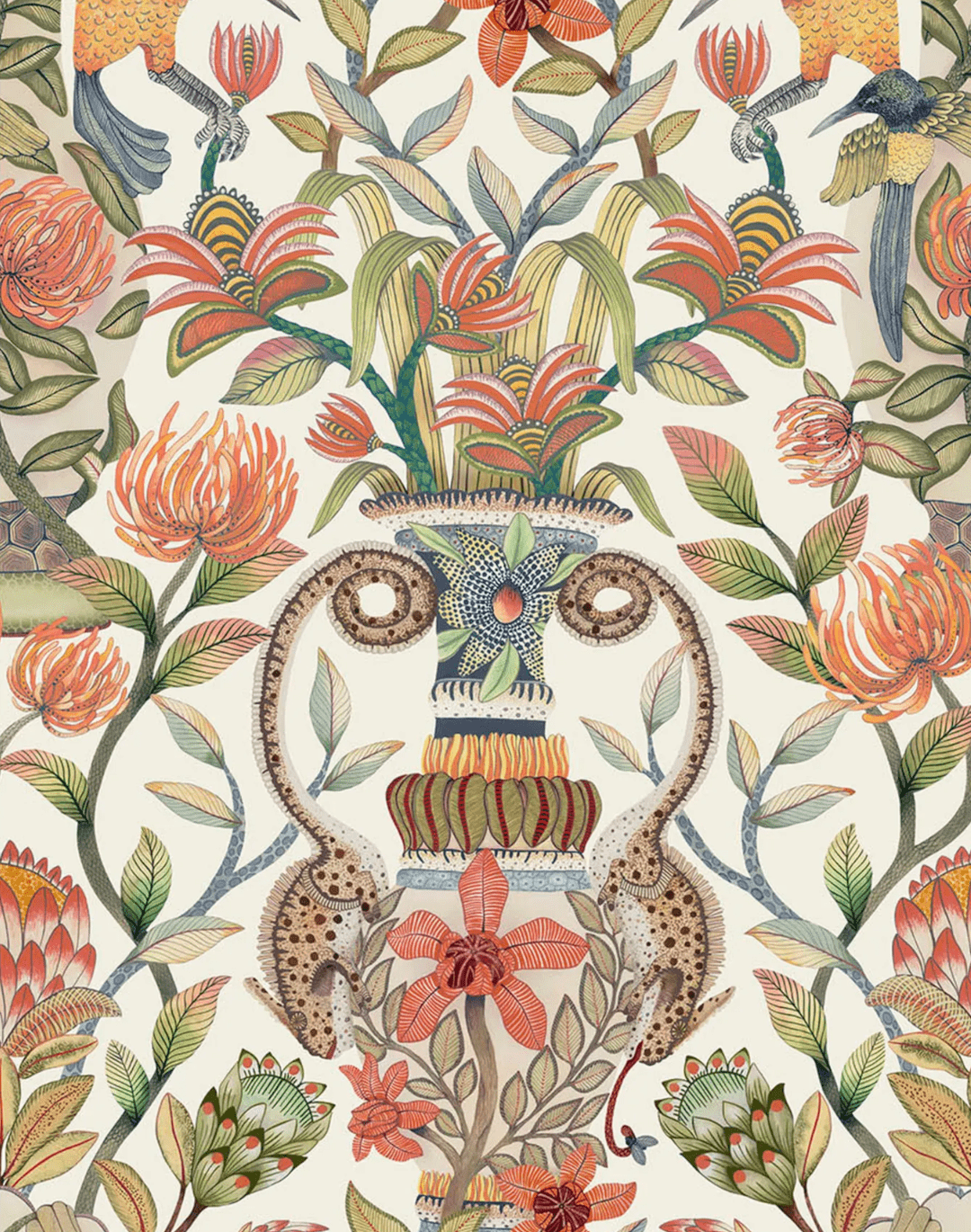 1080x1370 Protea Garden, Olive Green & Tangerine On White 119 10043