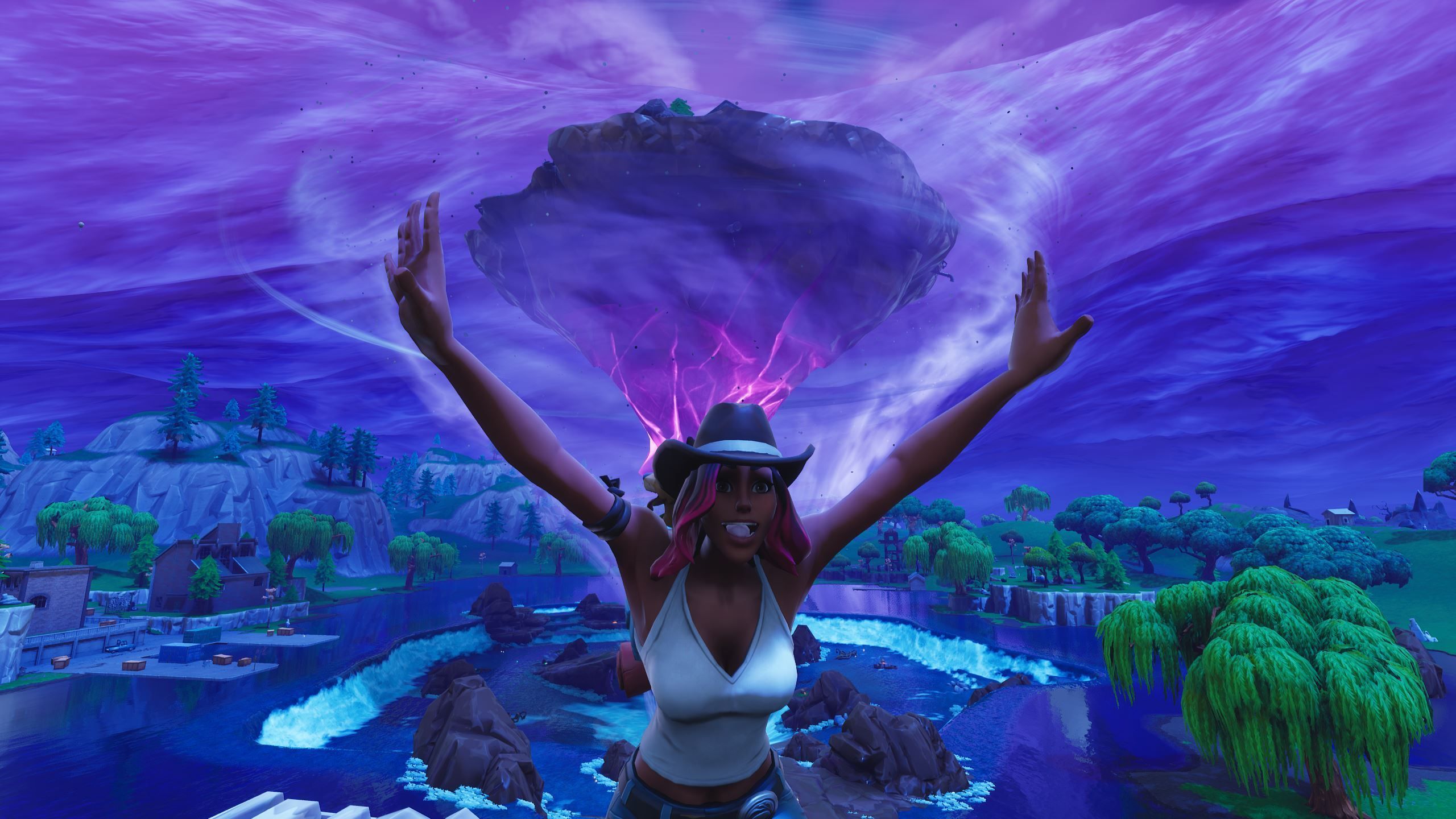 2560x1440 Fortnite's flying Loot Lake island is moving around