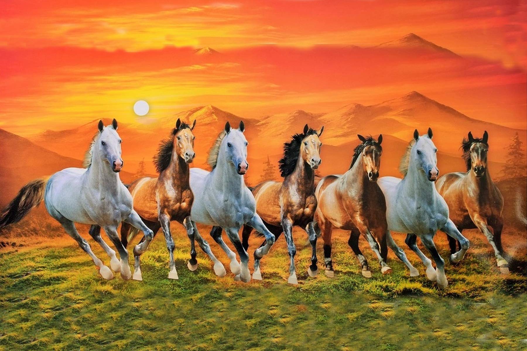 1800x1200 wallpics® Seven Lucky Running Horses Vastu Wallpaper Fully Waterproof Vinyl Sticker Poster for Living Room, Bedroom, Office, Kids Room, Hall (12X18)
