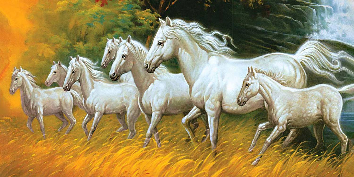 1500x750 lucky seven horses running at sunrise ll 7 horse vastu poster in vinyl sticker Fine Art Print posters in India art, film, design, movie, music, nature and educational