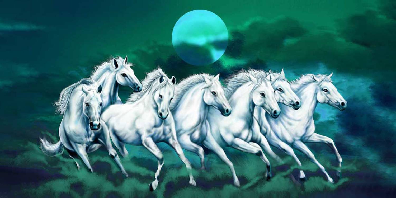 1500x750 lucky seven horses running at sunrise ll 7 horse vastu poster in vinyl sticker Fine Art Print posters in India art, film, design, movie, music, nature and educational