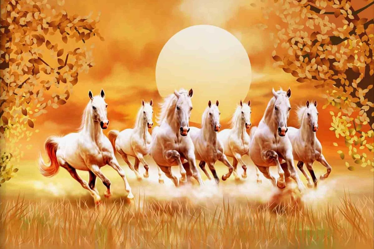 1200x800 wallstop™ Vastu Seven lucky Running Horses Sunrise Art Print for wall (paper, multicolor, 7 horse) ll wr380 : Amazon.in